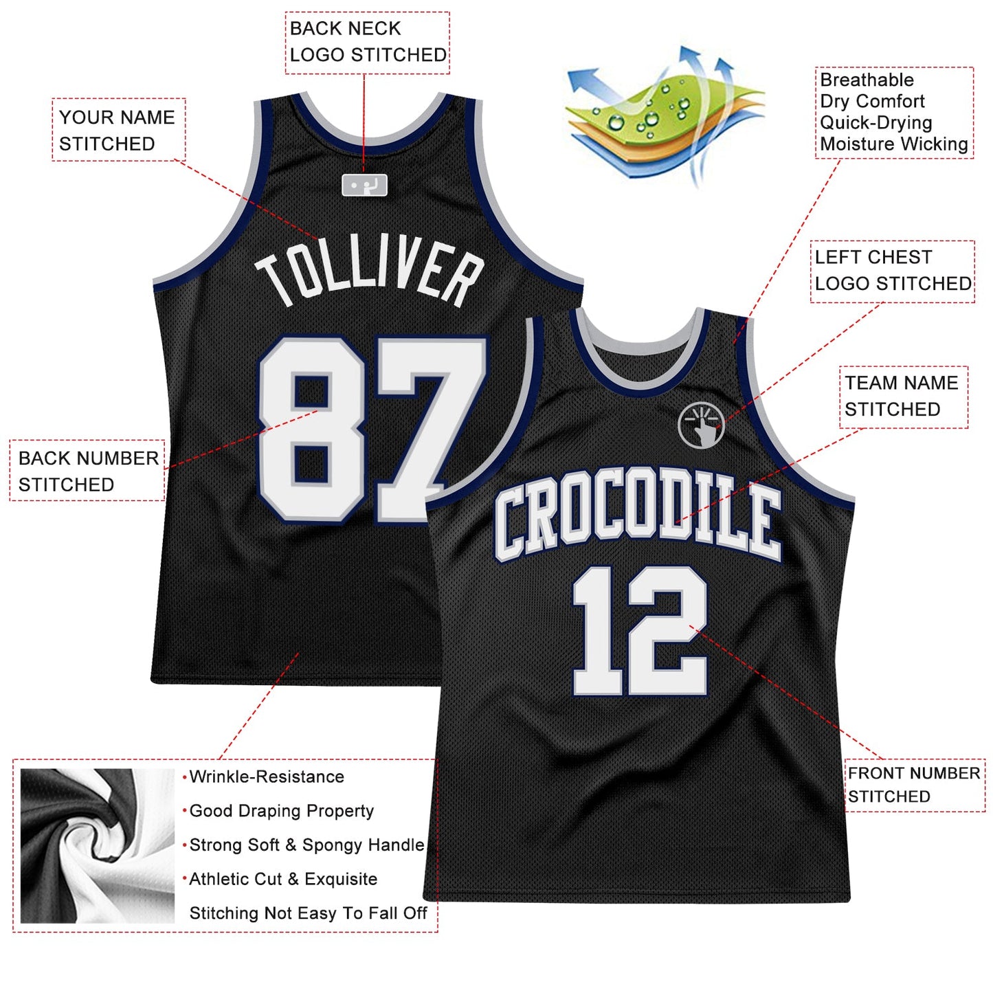 Custom Black White Gray-Navy Authentic Throwback Basketball Jersey view 2