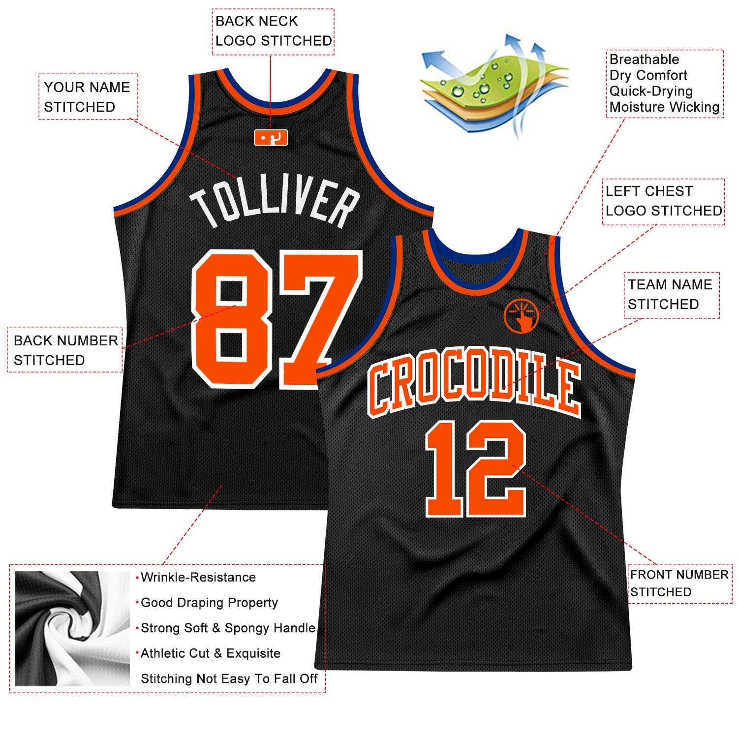 Custom Black Orange-Royal Authentic Throwback Basketball Jersey view 2