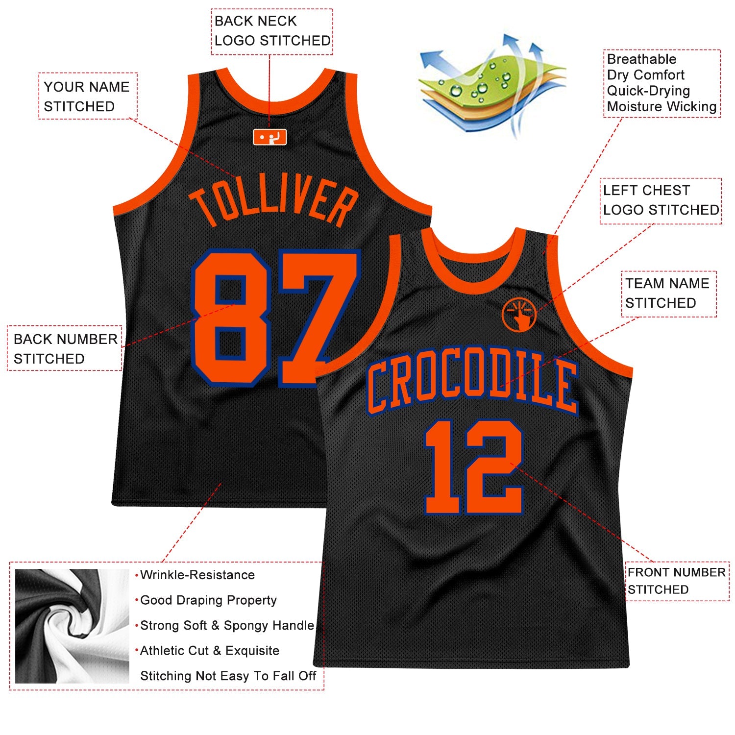 Custom Black Orange-Royal Authentic Throwback Basketball Jersey view 2