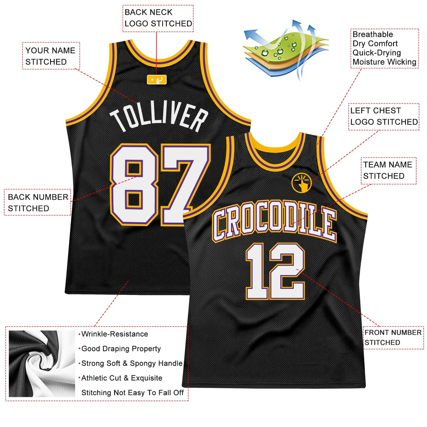 Custom Black White Purple-Gold Authentic Throwback Basketball Jersey view 2