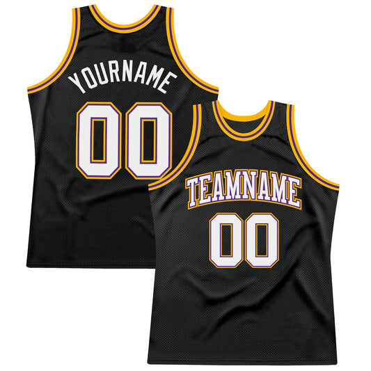 Custom Black White Purple-Gold Authentic Throwback Basketball Jersey - Main View