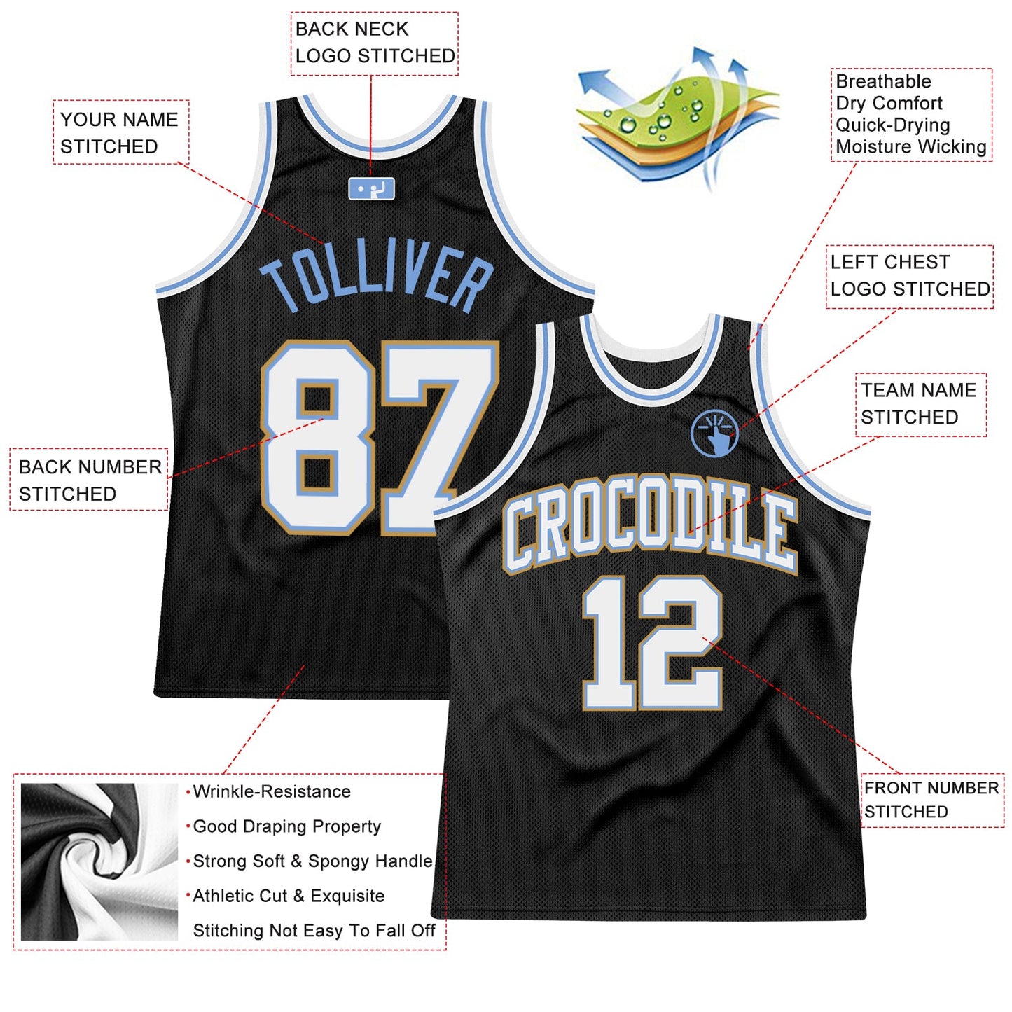 Custom Black White Light Blue-Old Gold Authentic Throwback Basketball Jersey view 2