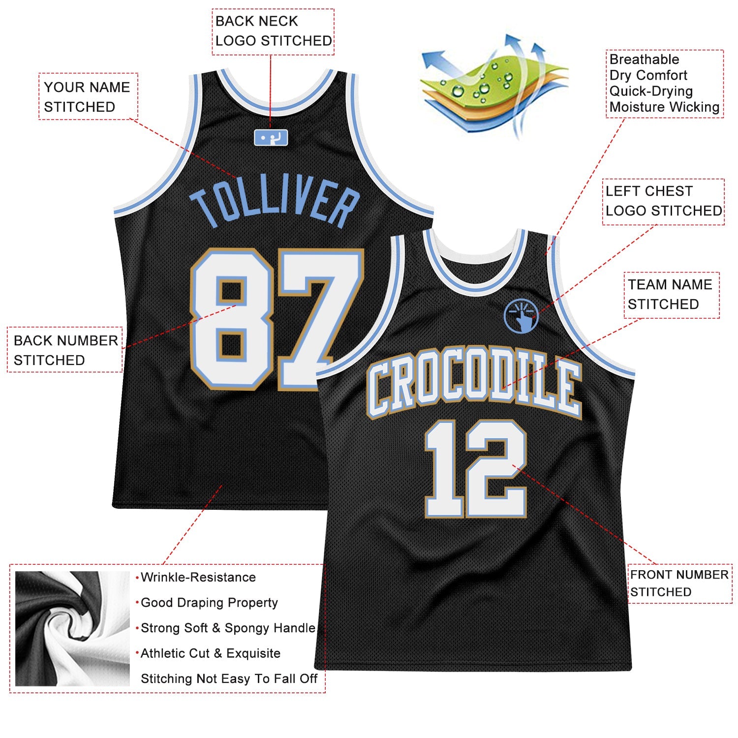 Custom Black White Light Blue-Old Gold Authentic Throwback Basketball Jersey view 2