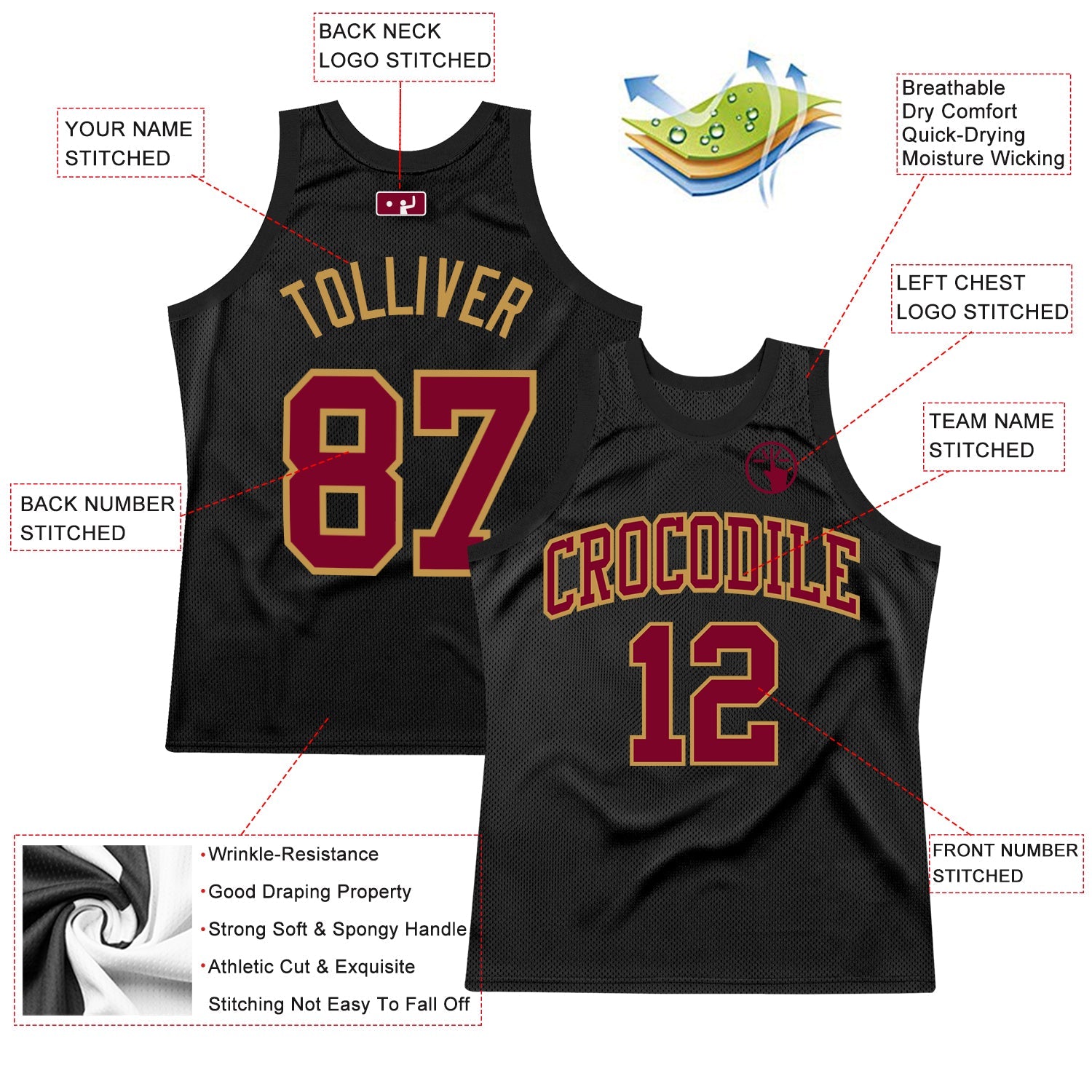 Custom Black Maroon-Old Gold Authentic Throwback Basketball Jersey view 2