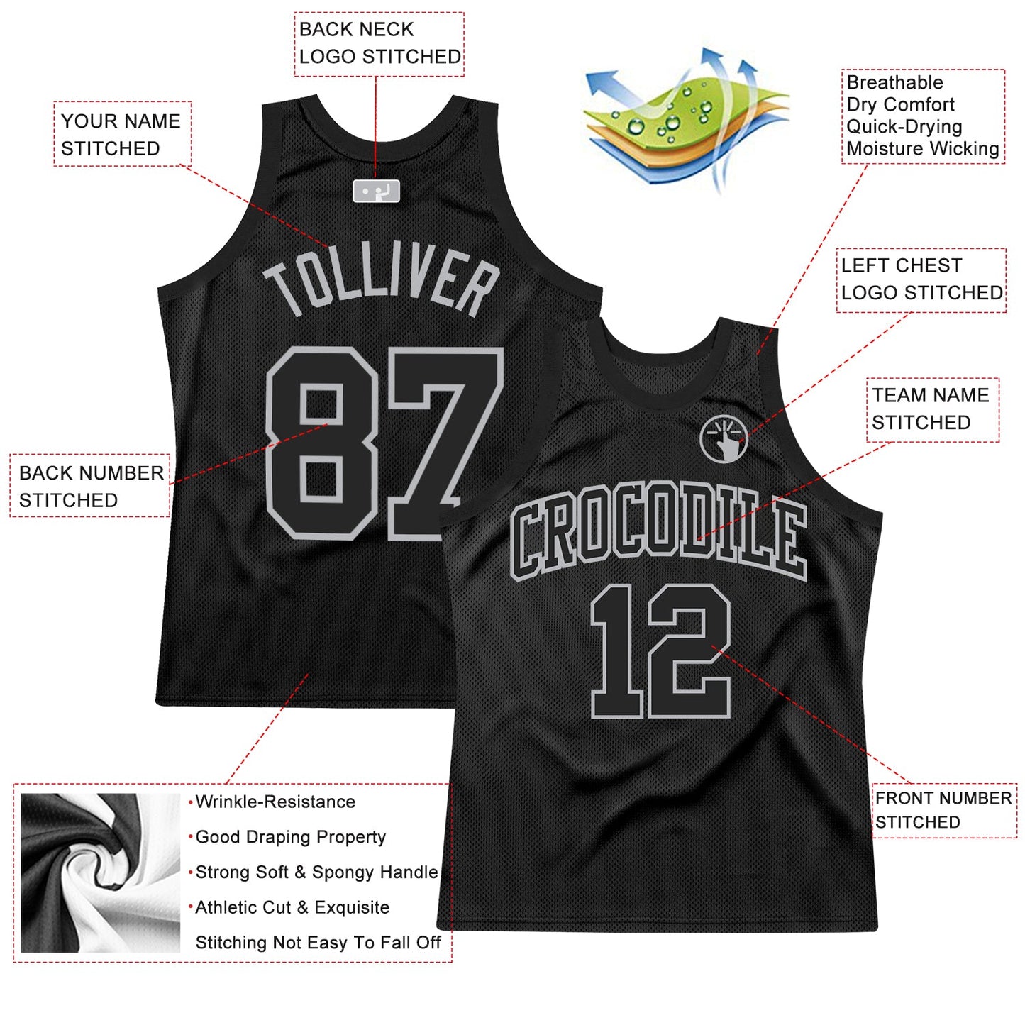 Custom Black Gray Authentic Throwback Basketball Jersey view 2