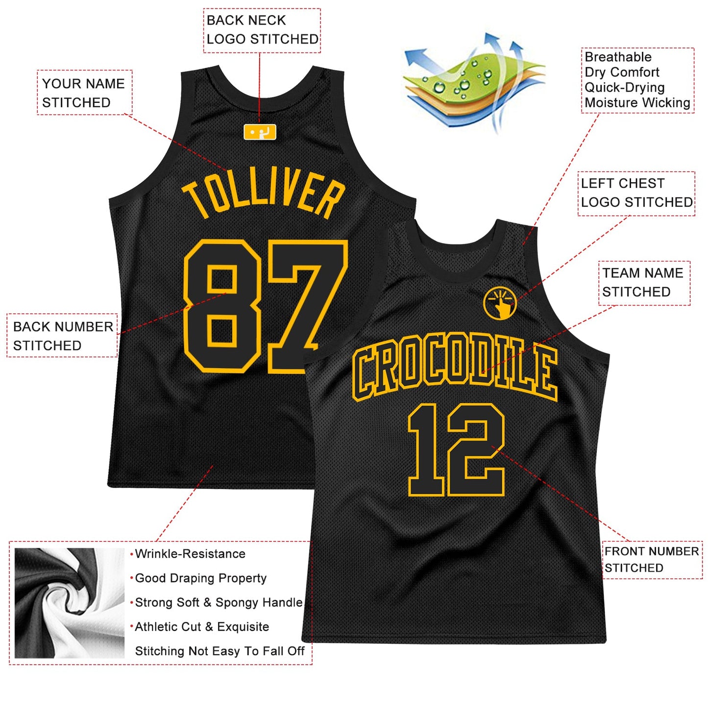 Custom Black Gold Authentic Throwback Basketball Jersey view 2