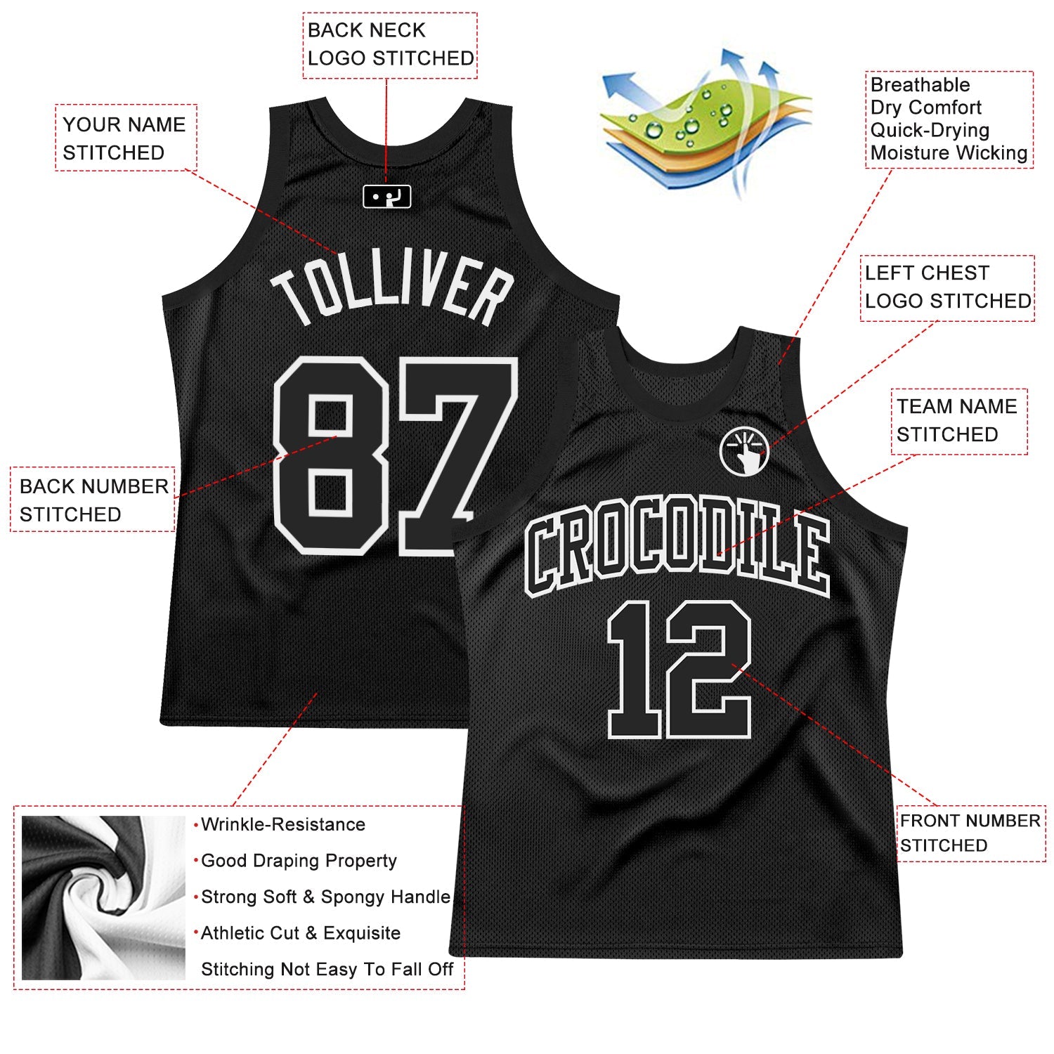 Custom Black White Authentic Throwback Basketball Jersey view 2