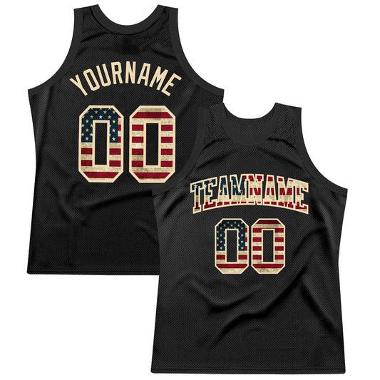 Custom Black Vintage USA Flag-City Cream Authentic Throwback Basketball Jersey - Main View