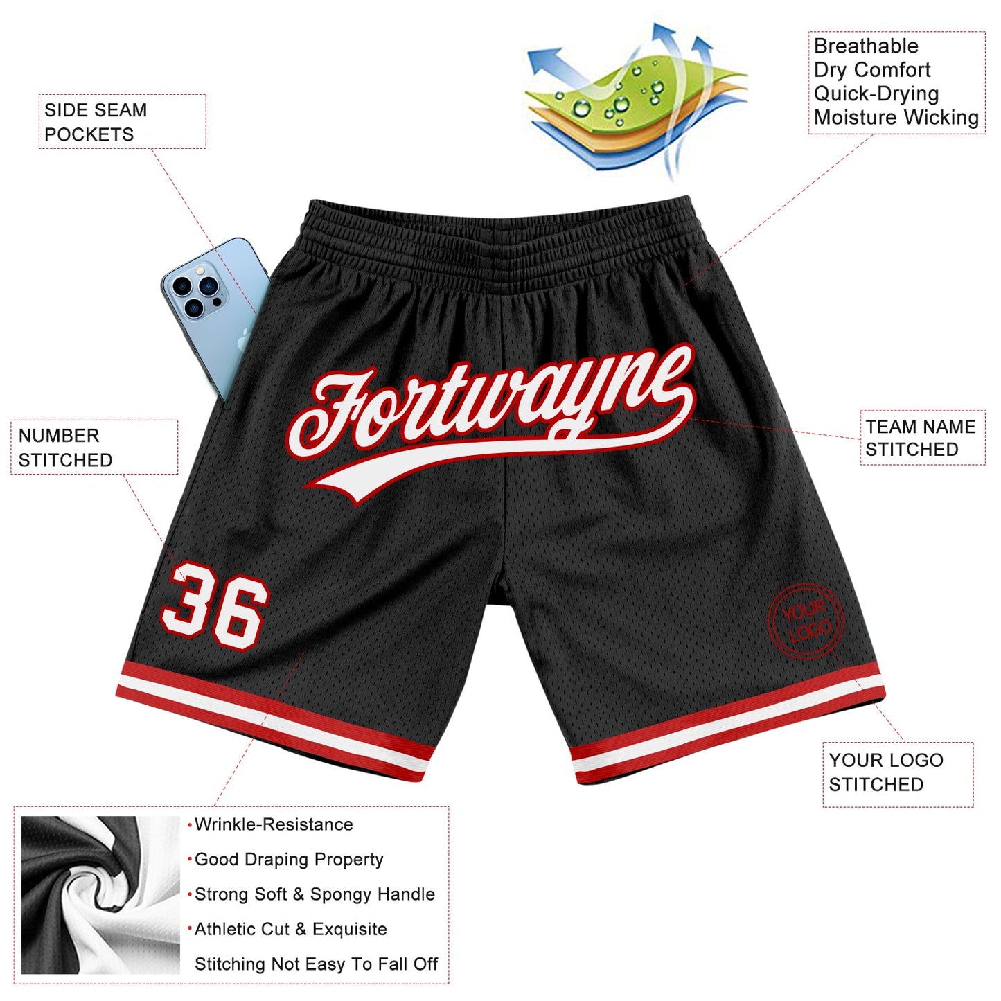 Custom Black White-Red Authentic Throwback Basketball Shorts view 2