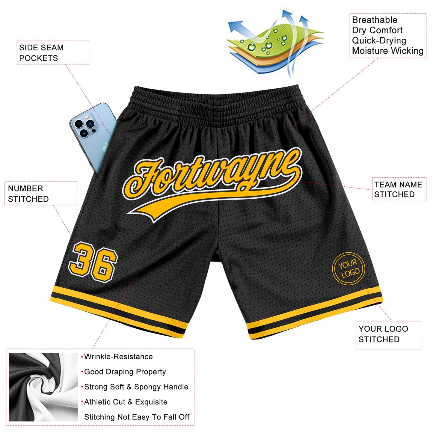 Custom Black Gold-White Authentic Throwback Basketball Shorts view 2