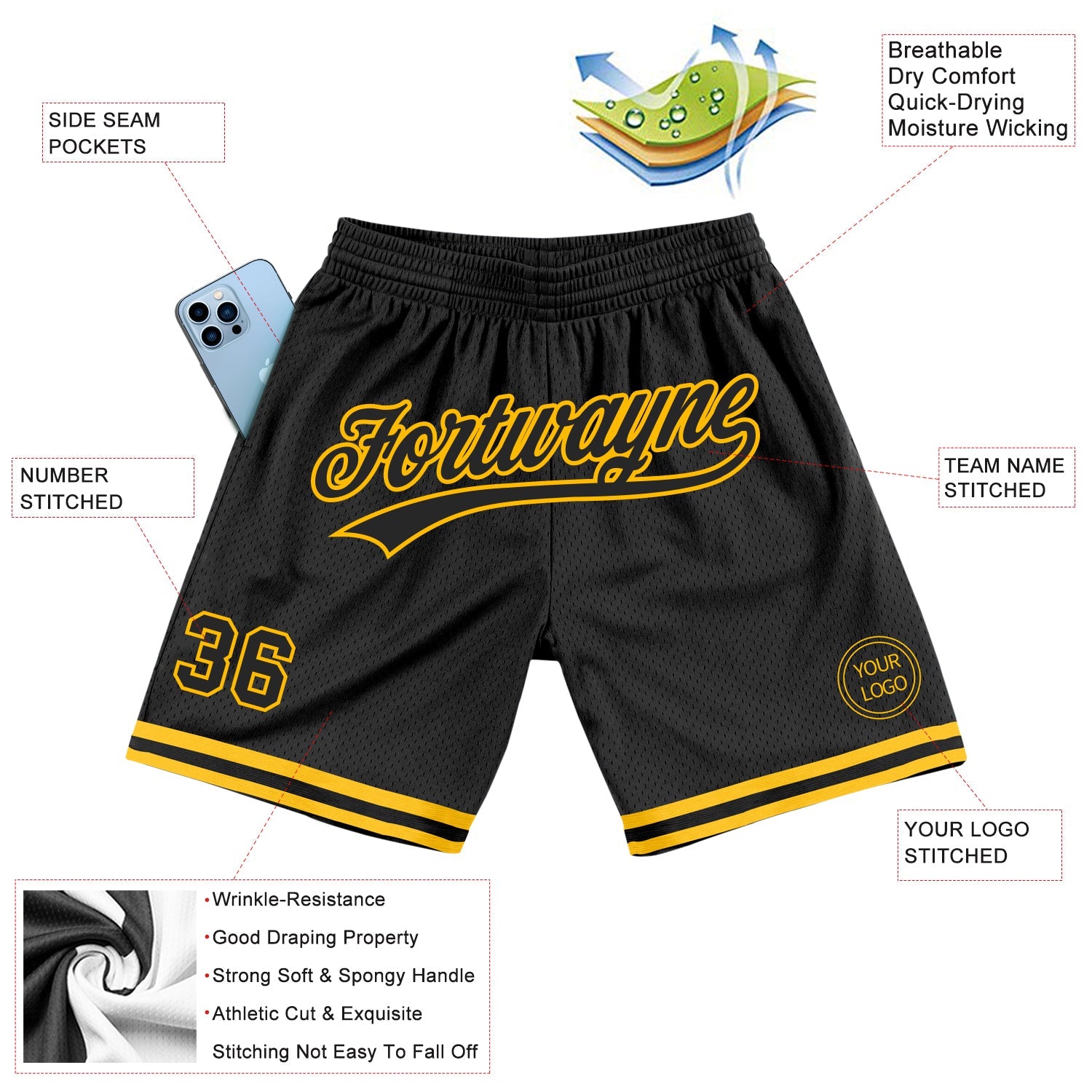 Custom Black Gold Authentic Throwback Basketball Shorts view 2