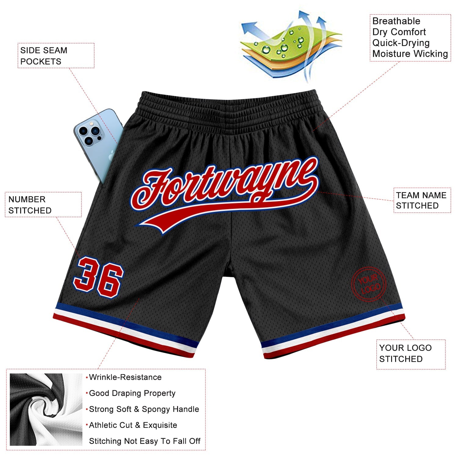 Custom Black Red-Royal Authentic Throwback Basketball Shorts view 2