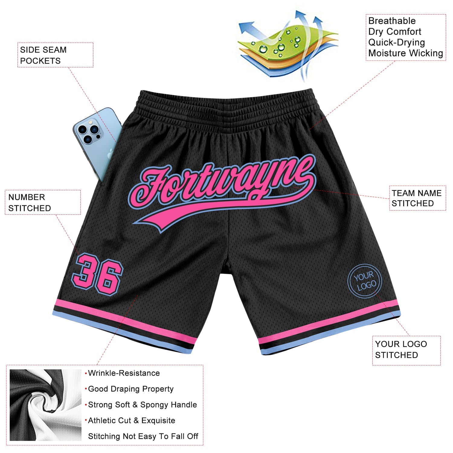 Custom Black Pink-Light Blue Authentic Throwback Basketball Shorts view 2