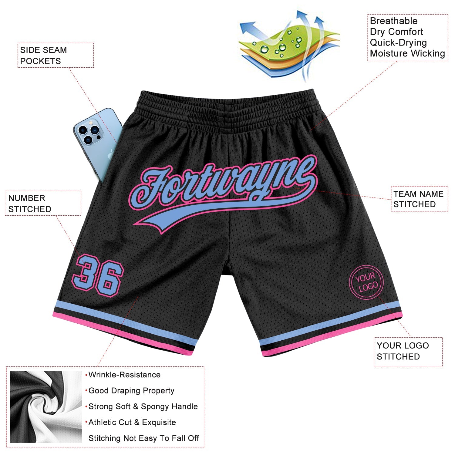 Custom Black Light Blue-Pink Authentic Throwback Basketball Shorts view 2
