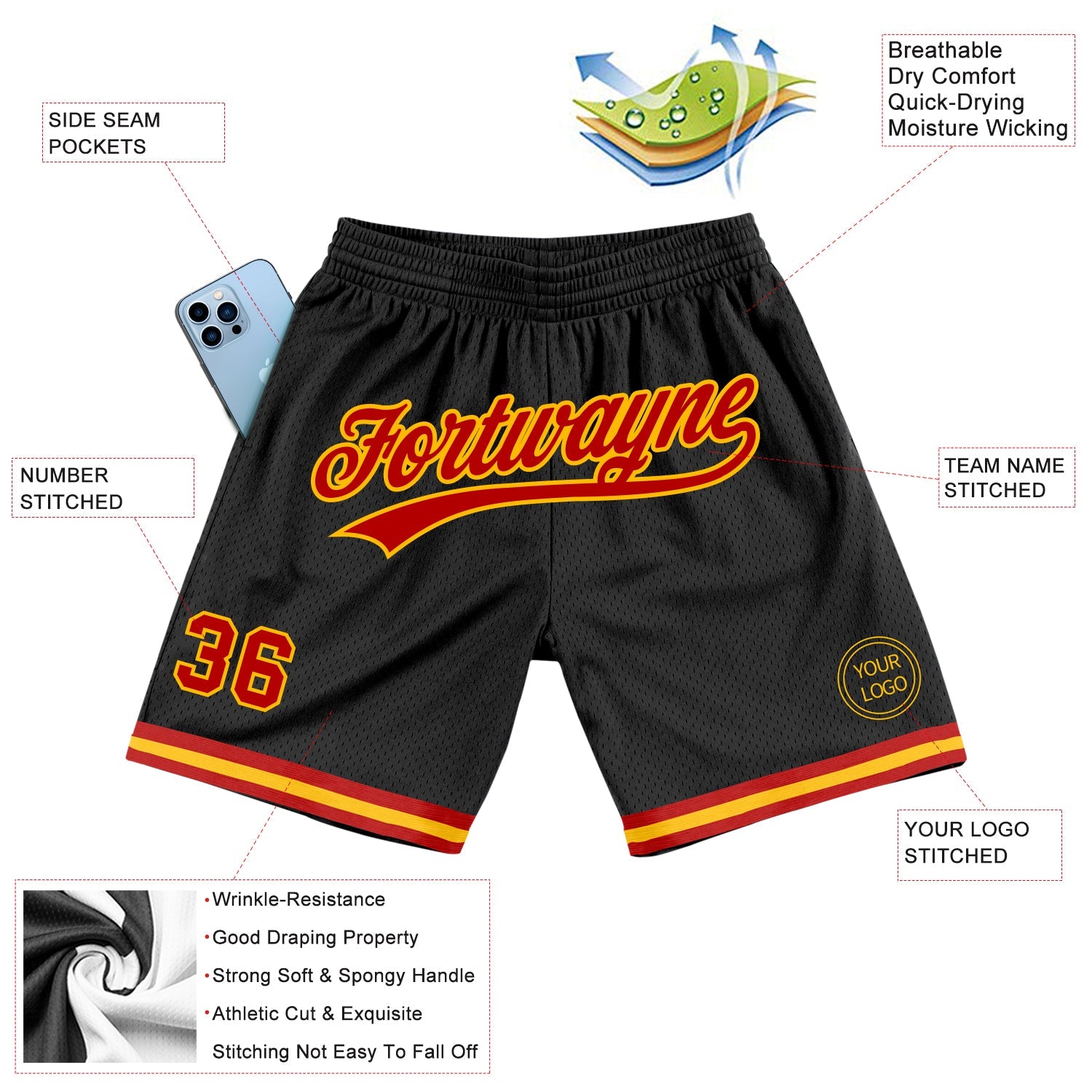 Custom Black Red-Gold Authentic Throwback Basketball Shorts view 2