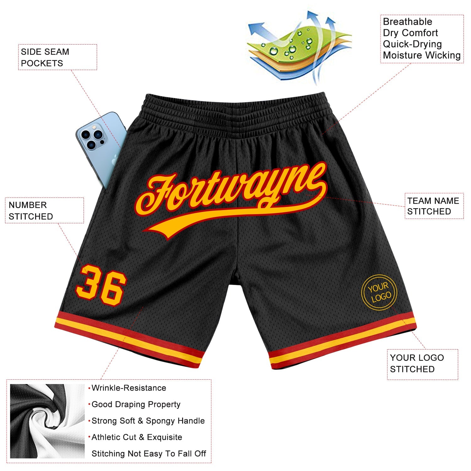 Custom Black Gold-Red Authentic Throwback Basketball Shorts view 2