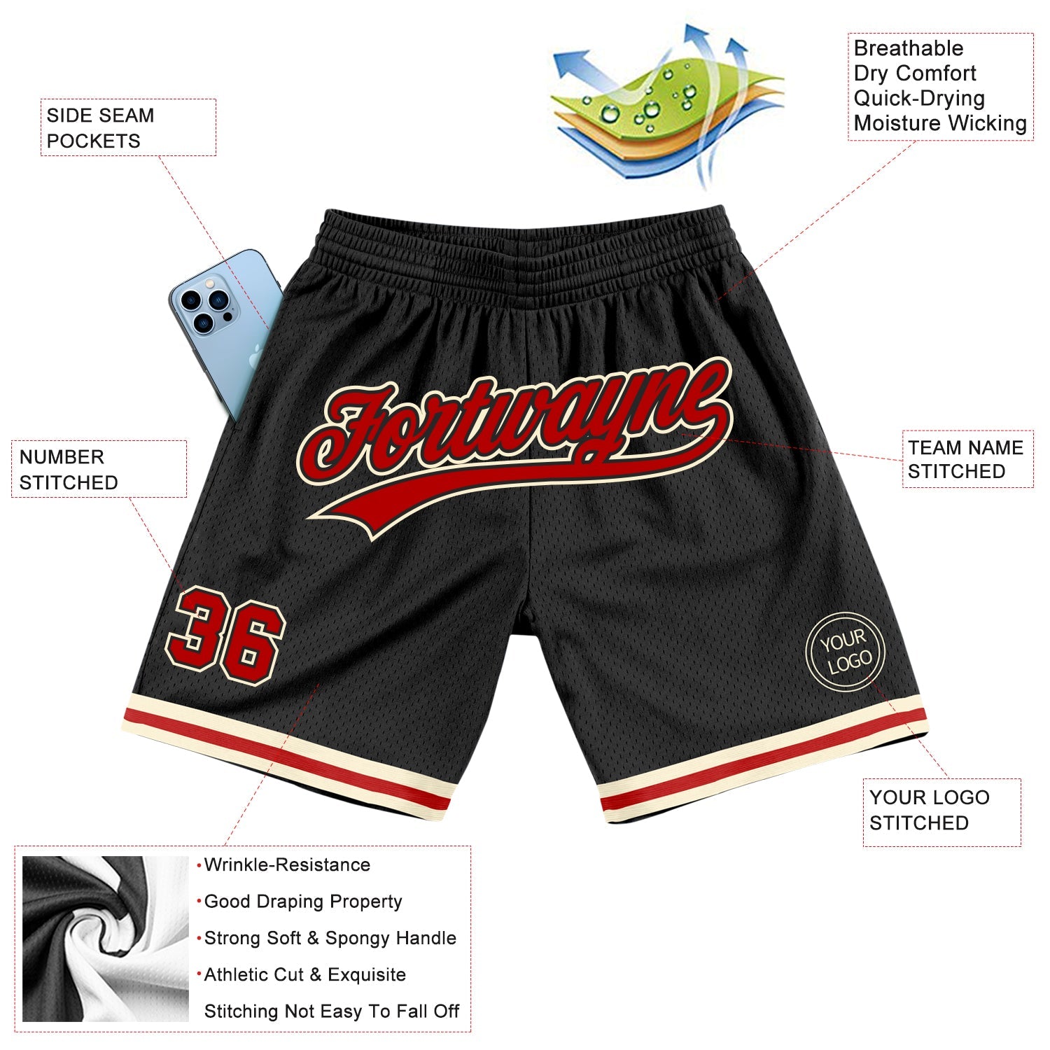 Custom Black Red-Cream Authentic Throwback Basketball Shorts view 2