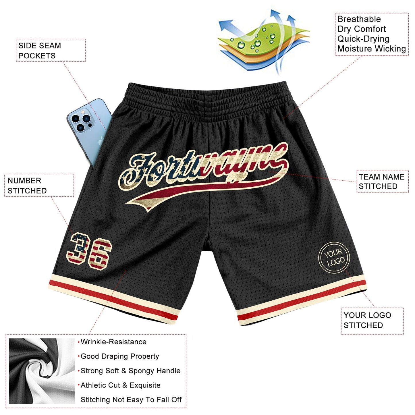 Custom Black Vintage USA Flag-Cream Authentic Throwback Basketball Shorts view 2