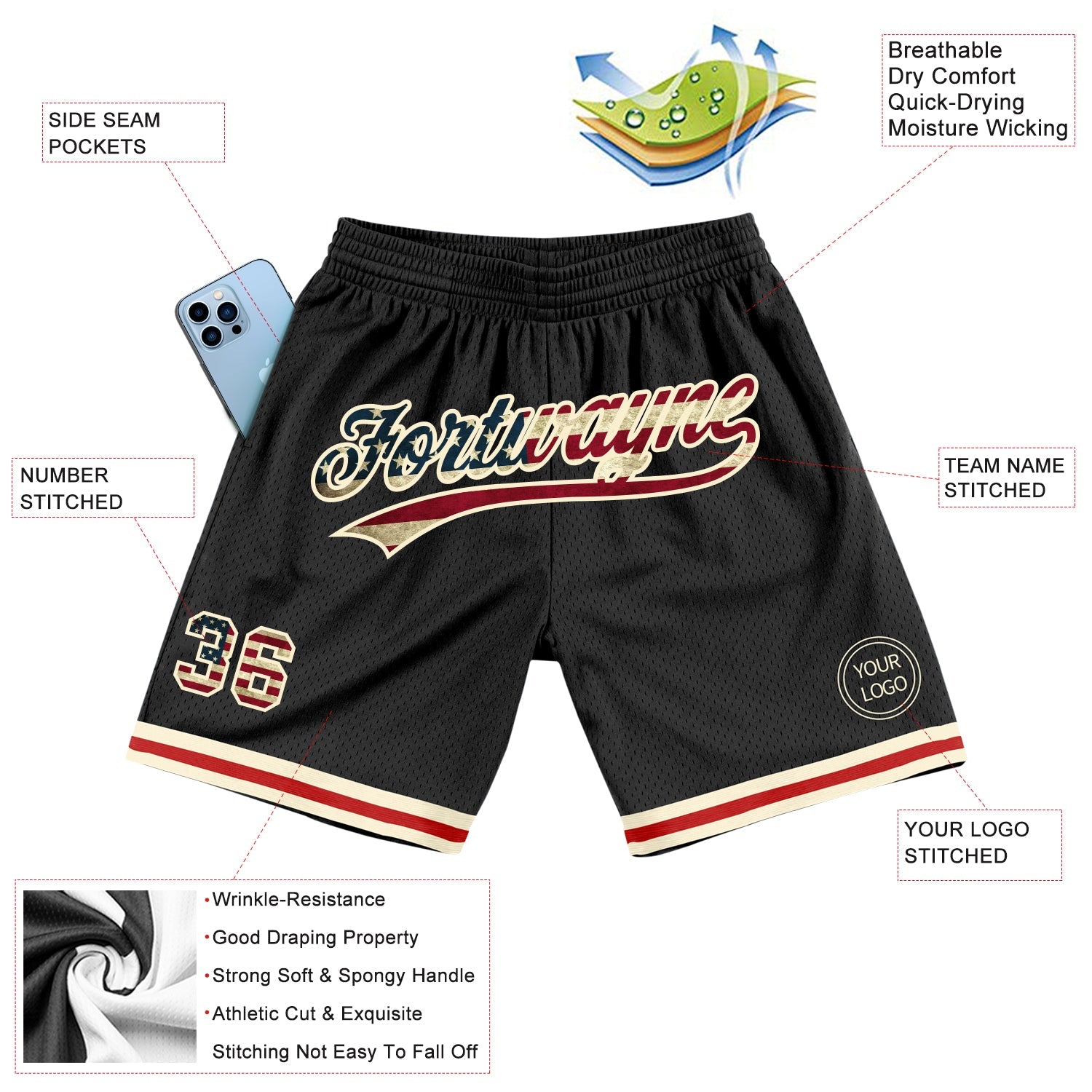 Custom Black Vintage USA Flag-Cream Authentic Throwback Basketball Shorts view 2