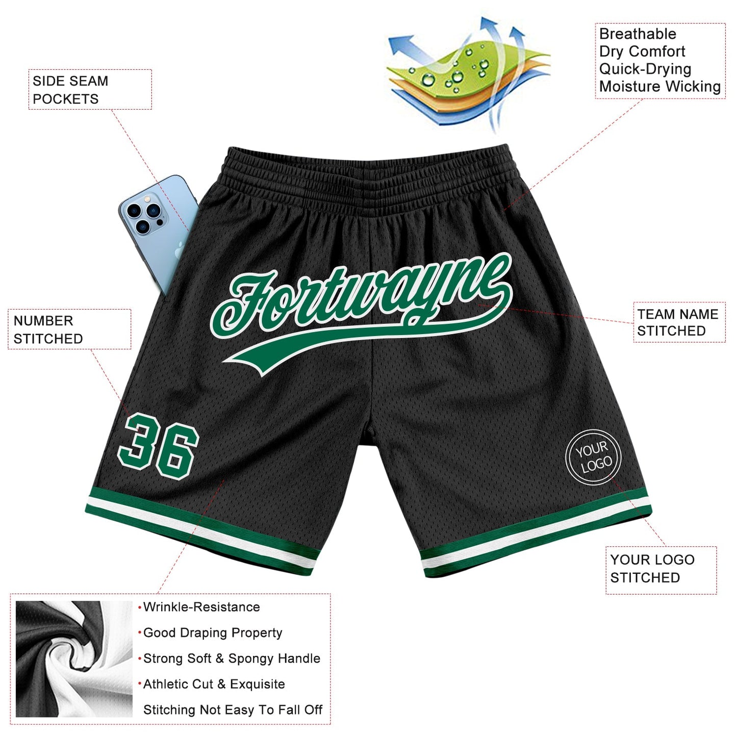 Custom Black Kelly Green-White Authentic Throwback Basketball Shorts view 2