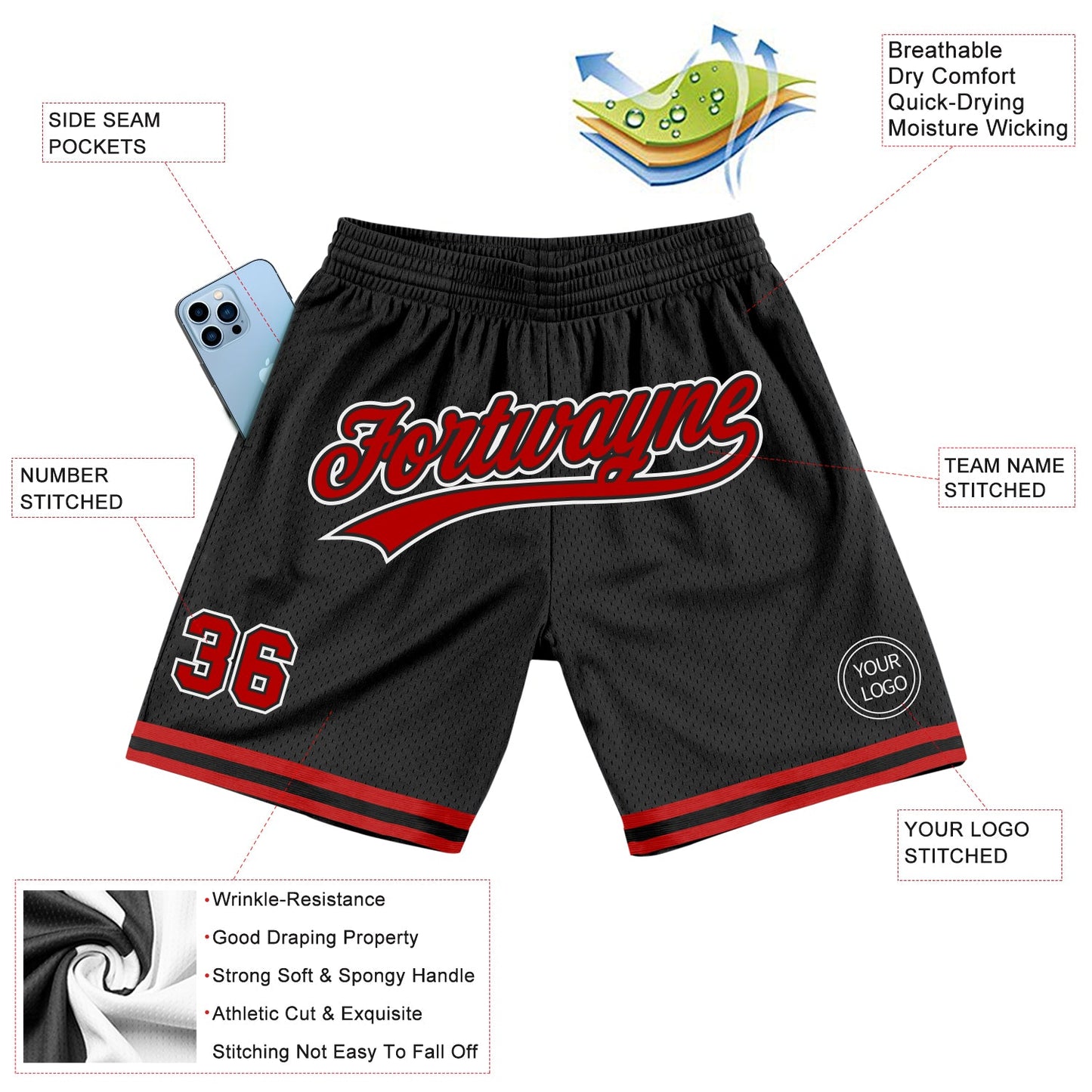Custom Black Red-White Authentic Throwback Basketball Shorts view 2