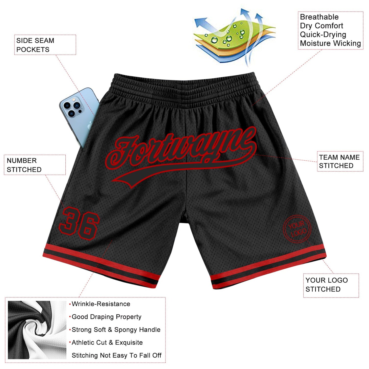 Custom Black Red Authentic Throwback Basketball Shorts view 2