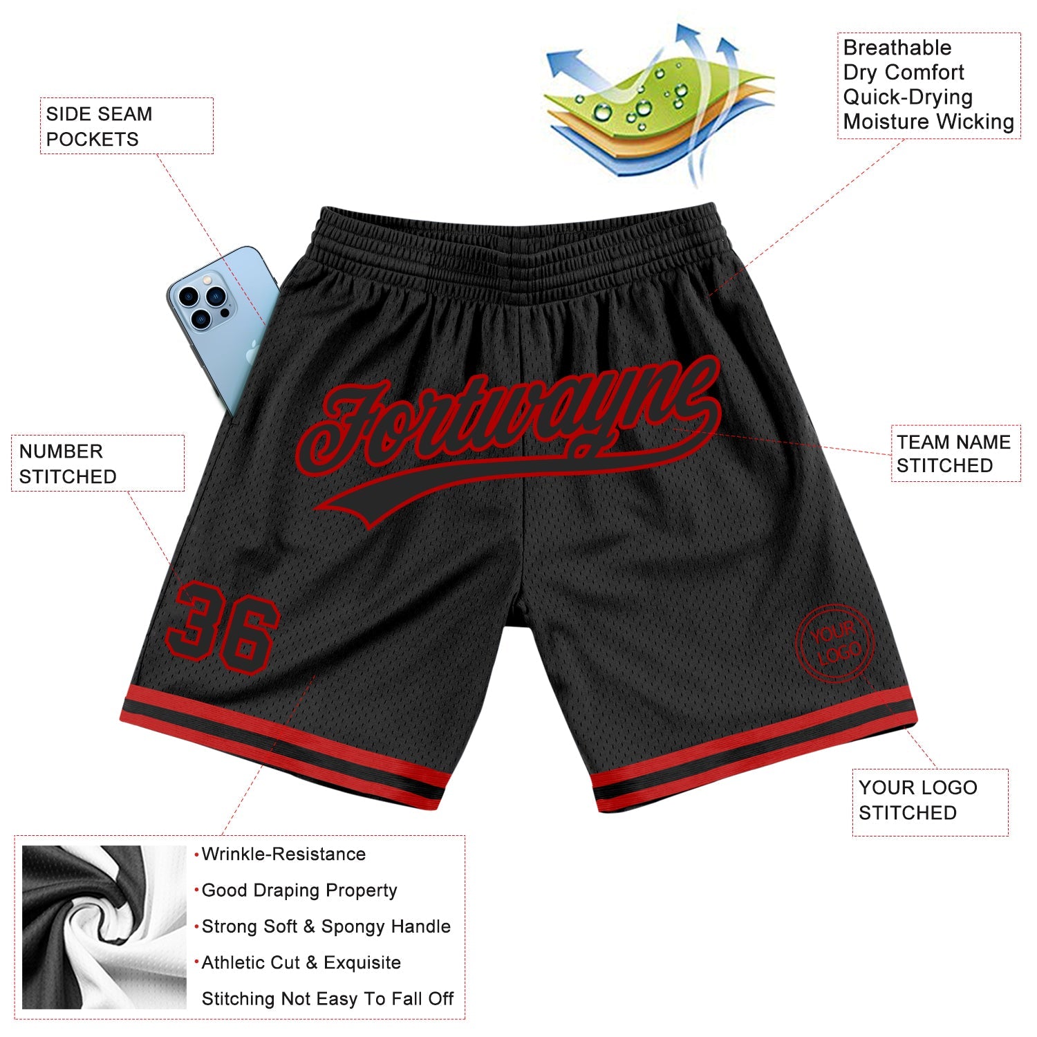 Custom Black Red Authentic Throwback Basketball Shorts view 2