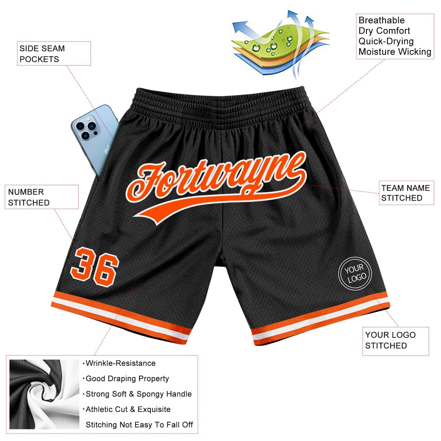 Custom Black Orange-White Authentic Throwback Basketball Shorts view 2