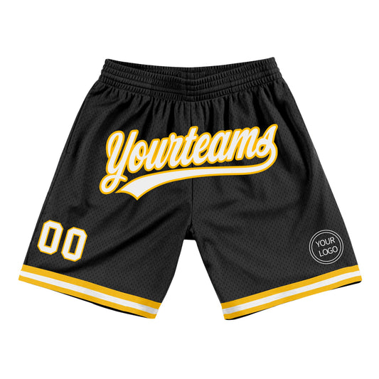 Custom Black White-Gold Authentic Throwback Basketball Shorts - Main View
