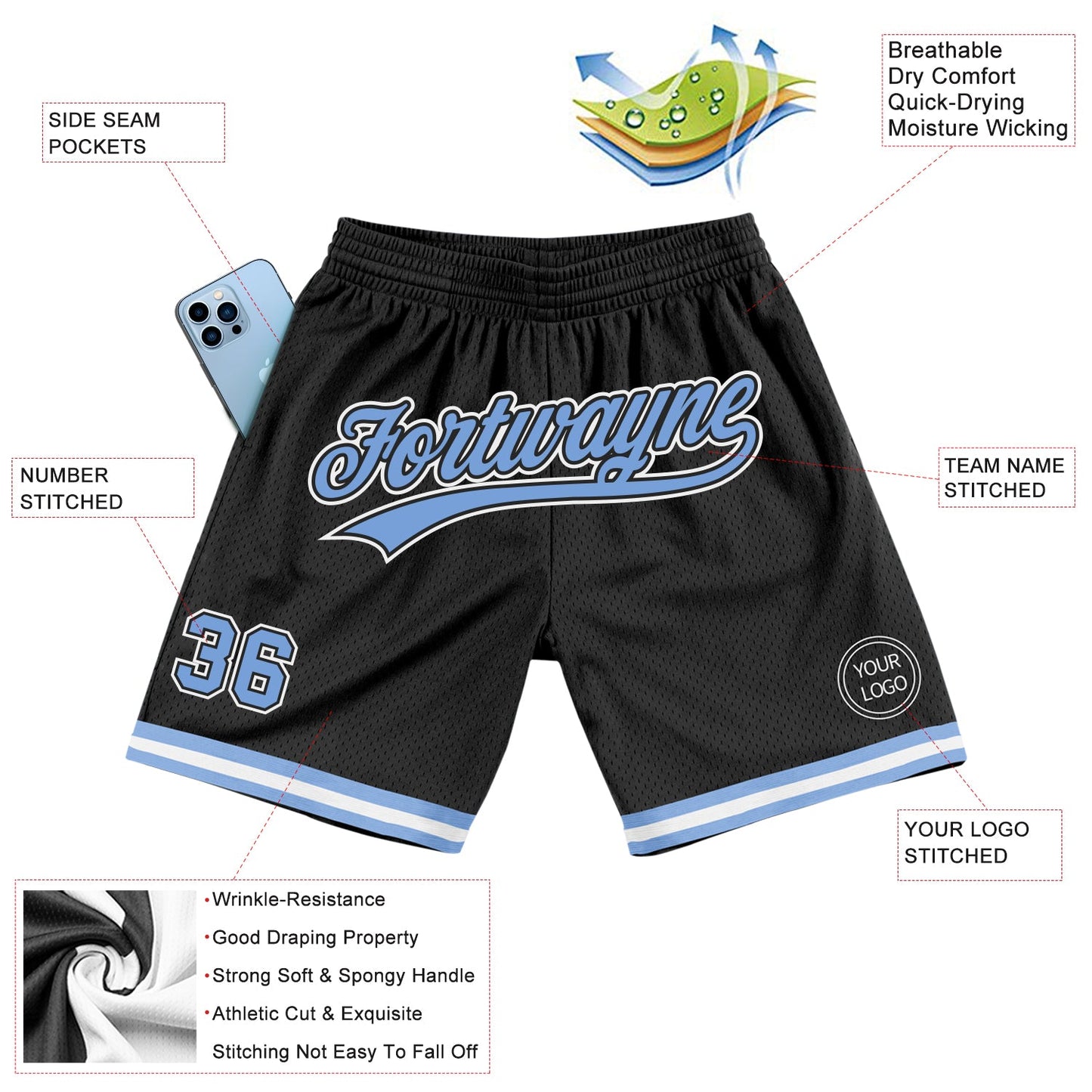Custom Black Light Blue-White Authentic Throwback Basketball Shorts view 2