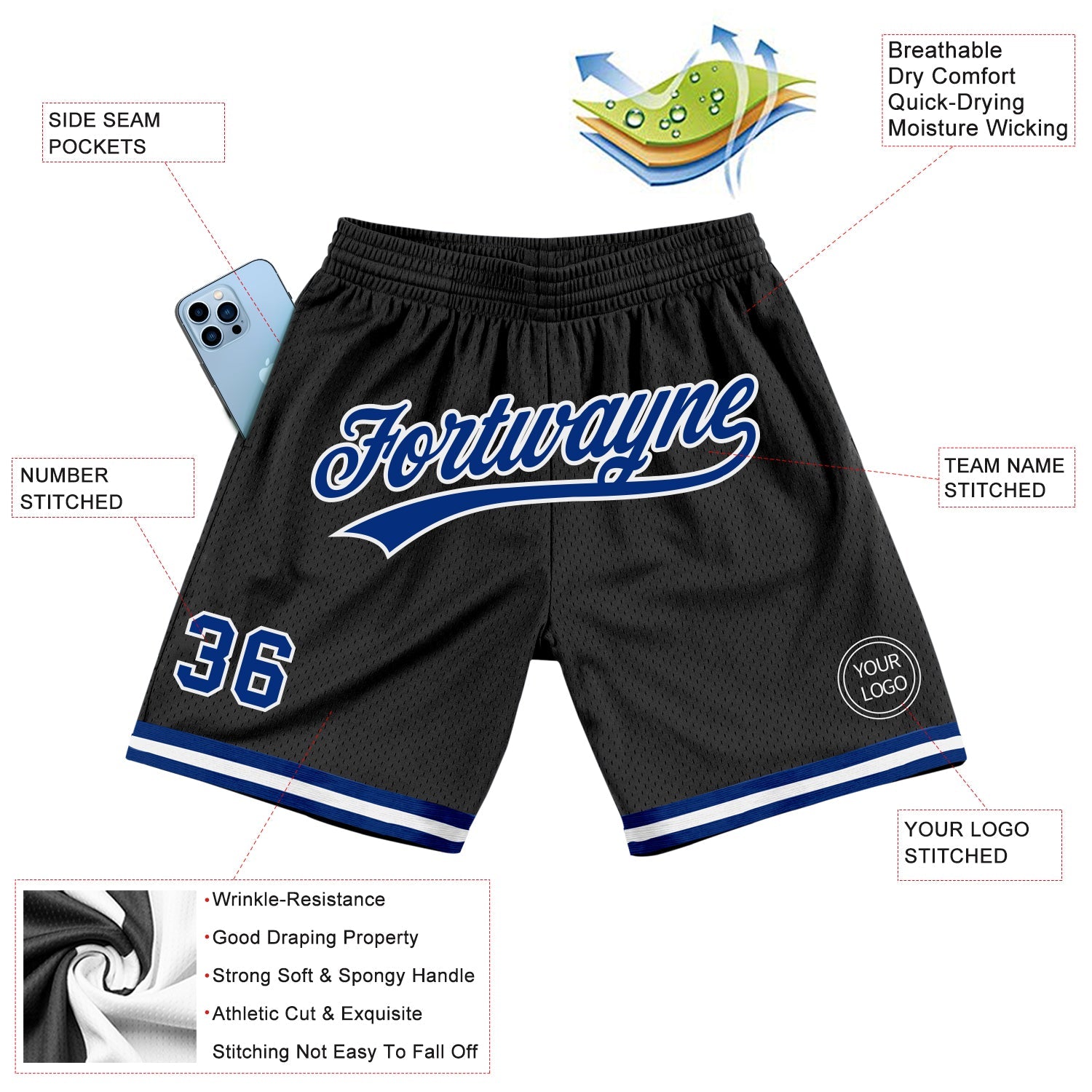Custom Black Royal-White Authentic Throwback Basketball Shorts view 2