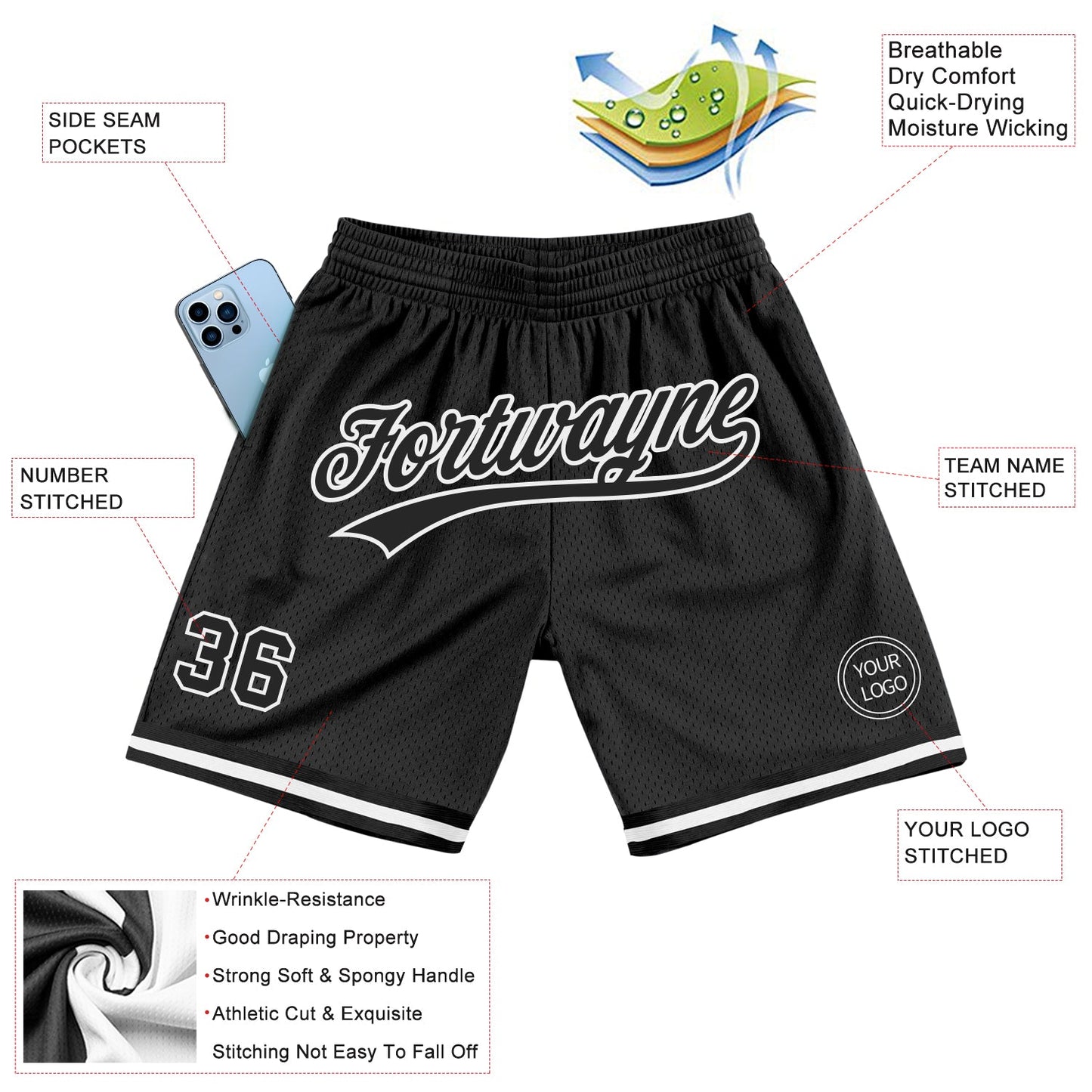 Custom Black White Authentic Throwback Basketball Shorts view 2