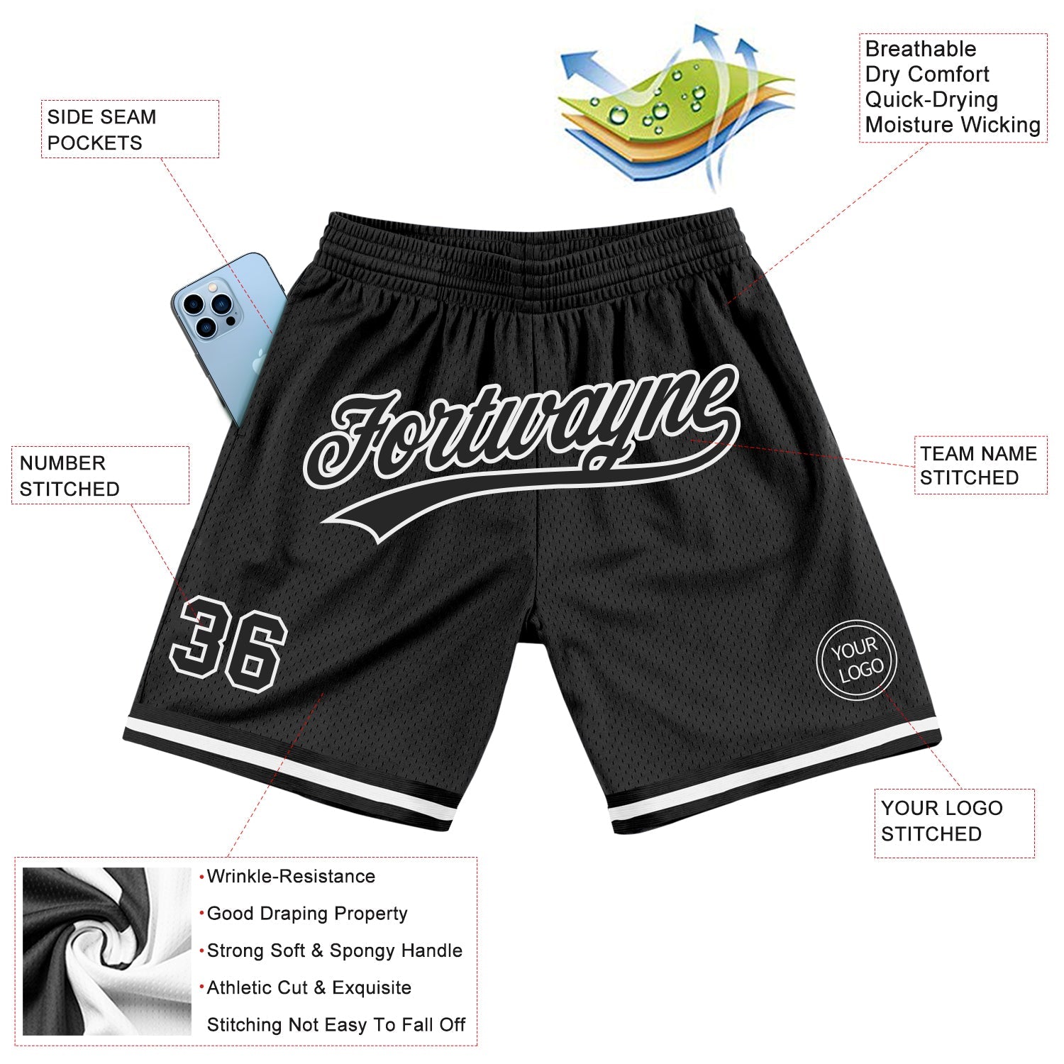 Custom Black White Authentic Throwback Basketball Shorts view 2