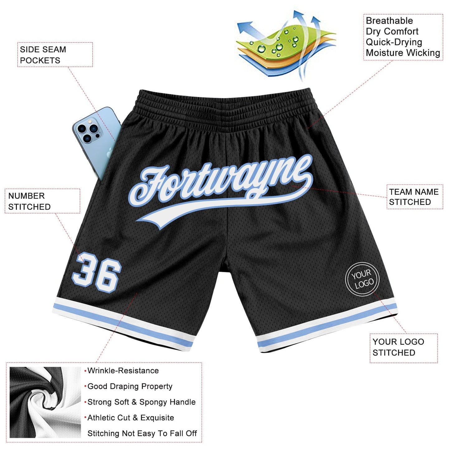 Custom Black White-Light Blue Authentic Throwback Basketball Shorts view 2