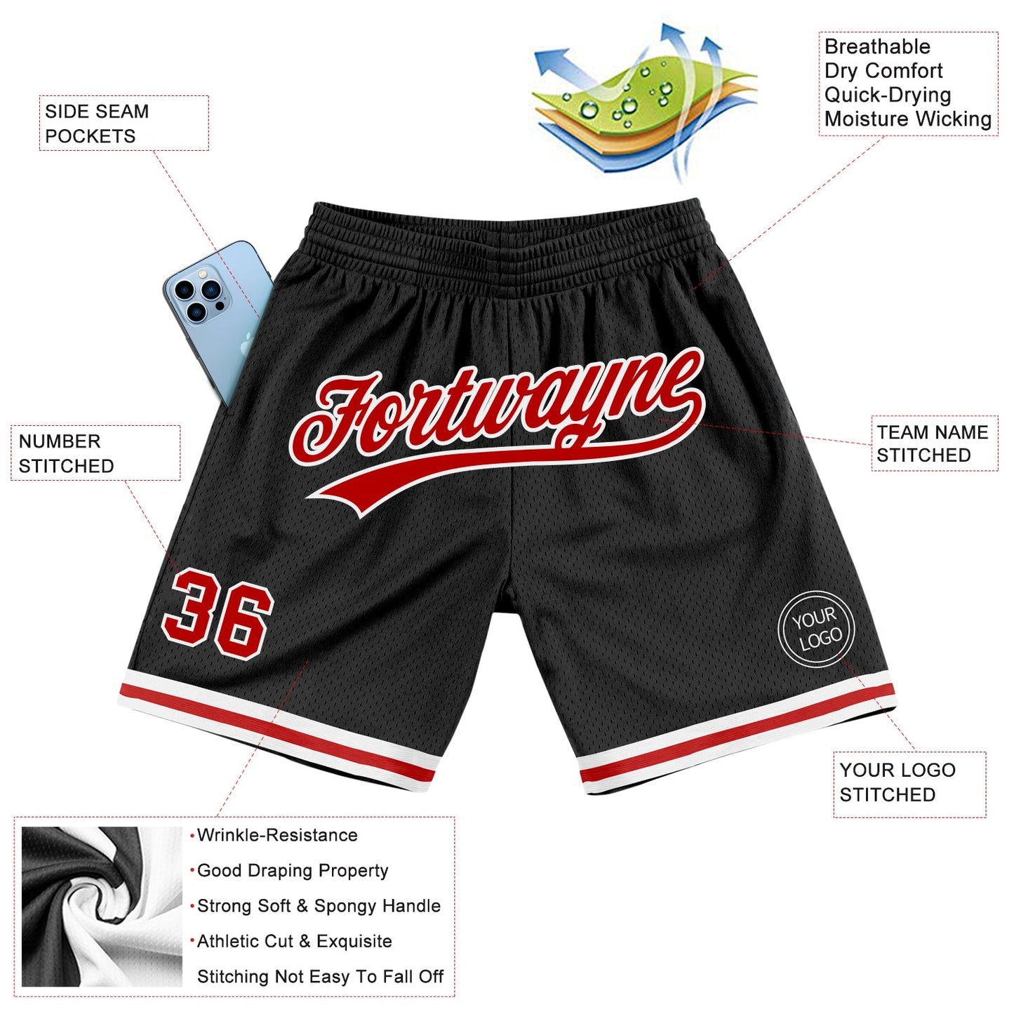 Custom Black Red-White Authentic Throwback Basketball Shorts view 2