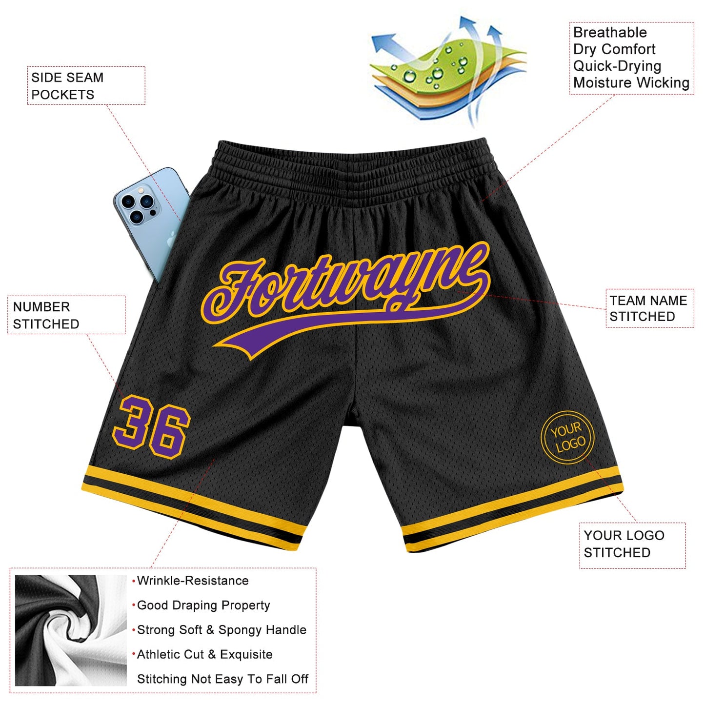 Custom Black Purple-Gold Authentic Throwback Basketball Shorts view 2