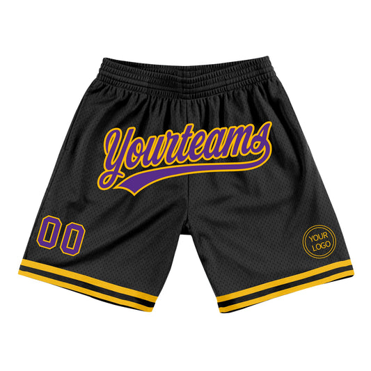 Custom Black Purple-Gold Authentic Throwback Basketball Shorts - Main View