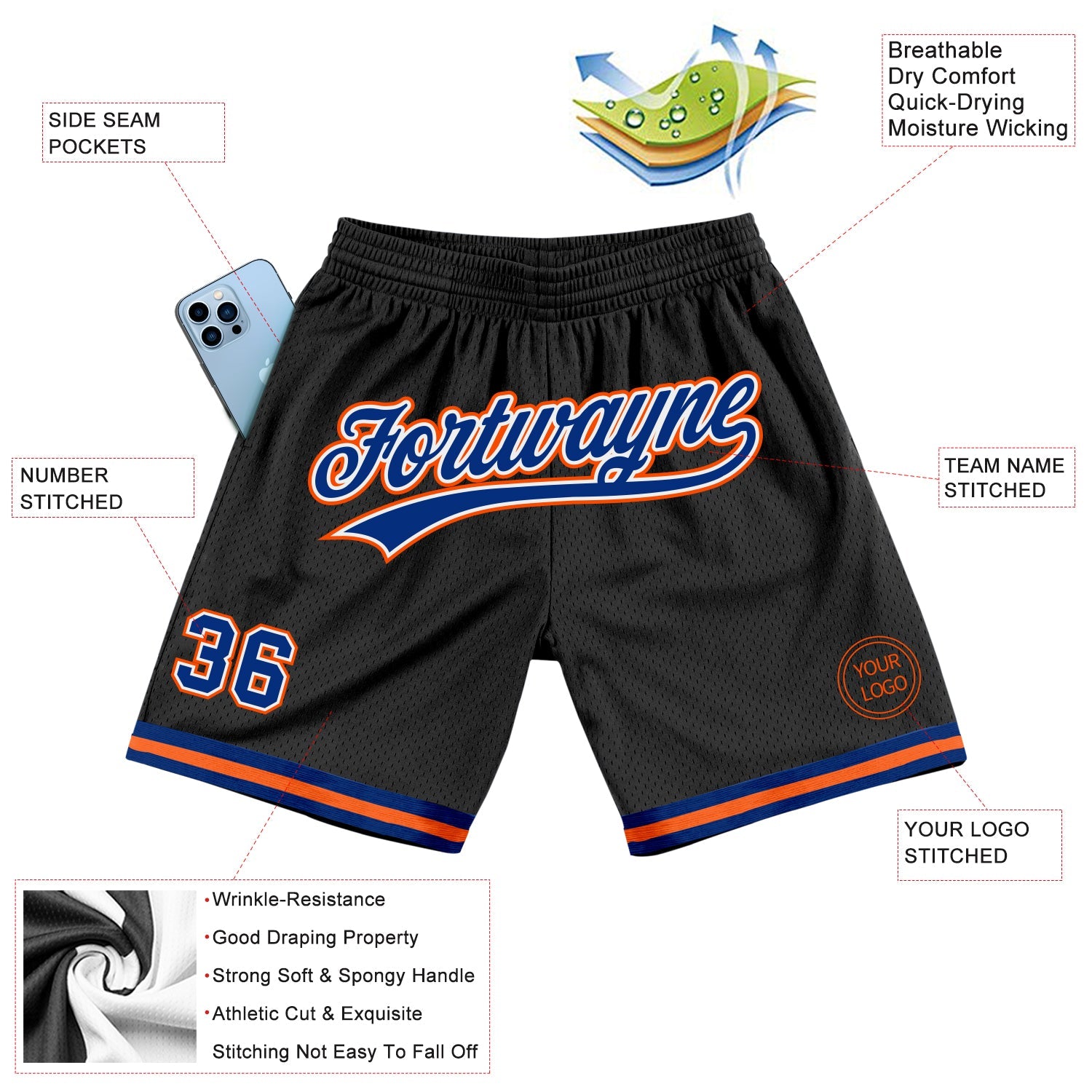 Custom Black Royal-Orange Authentic Throwback Basketball Shorts view 2