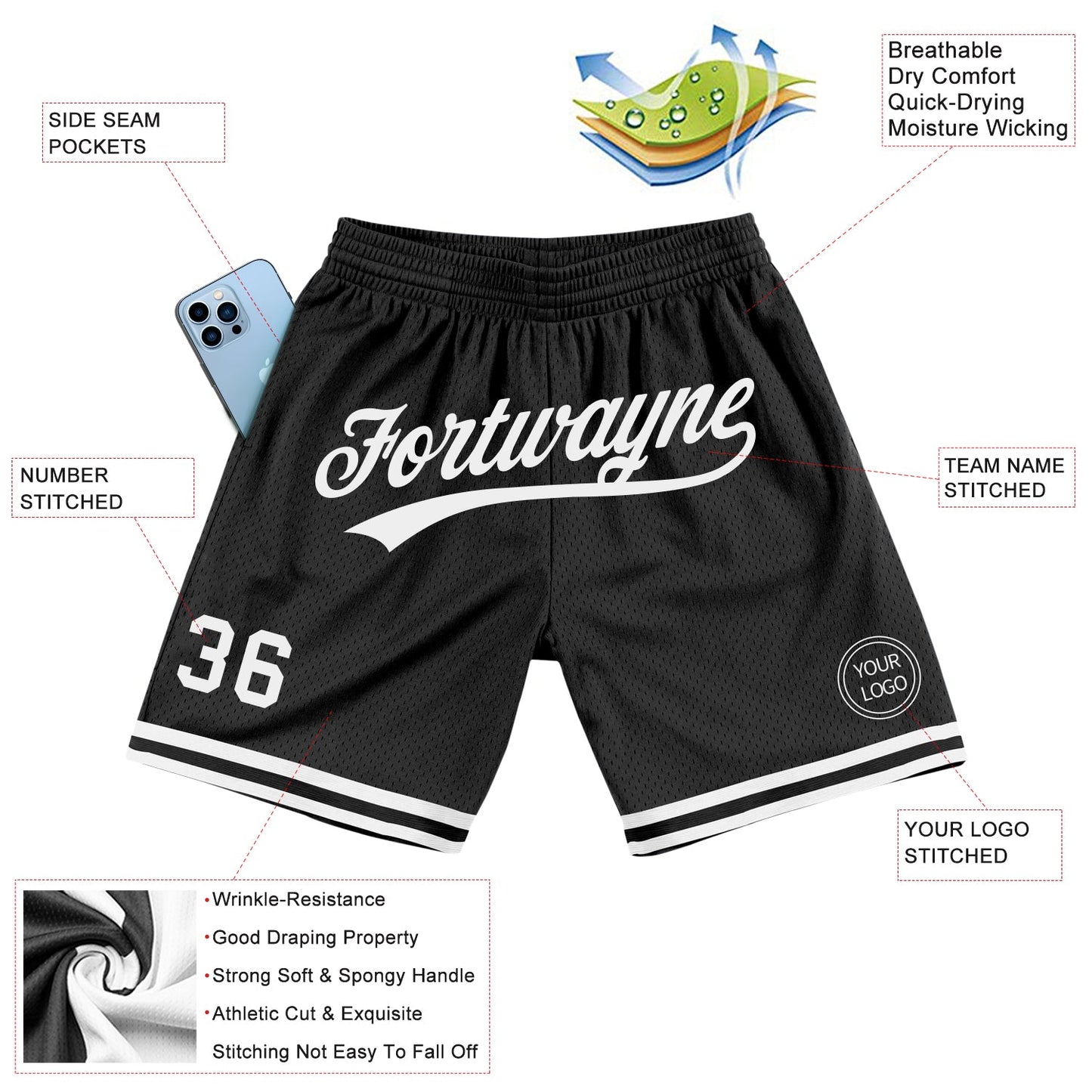 Custom Black White Authentic Throwback Basketball Shorts view 2