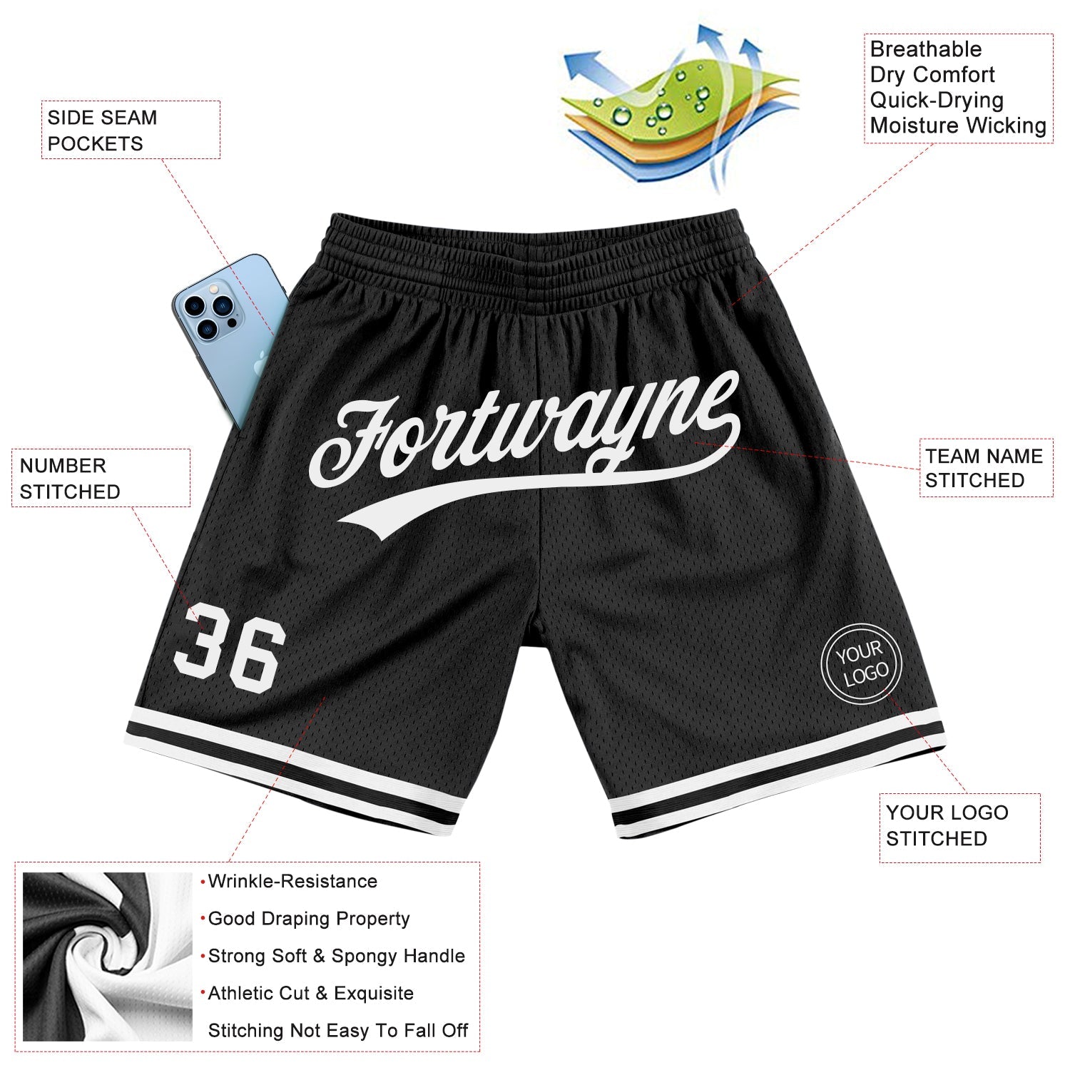 Custom Black White Authentic Throwback Basketball Shorts view 2