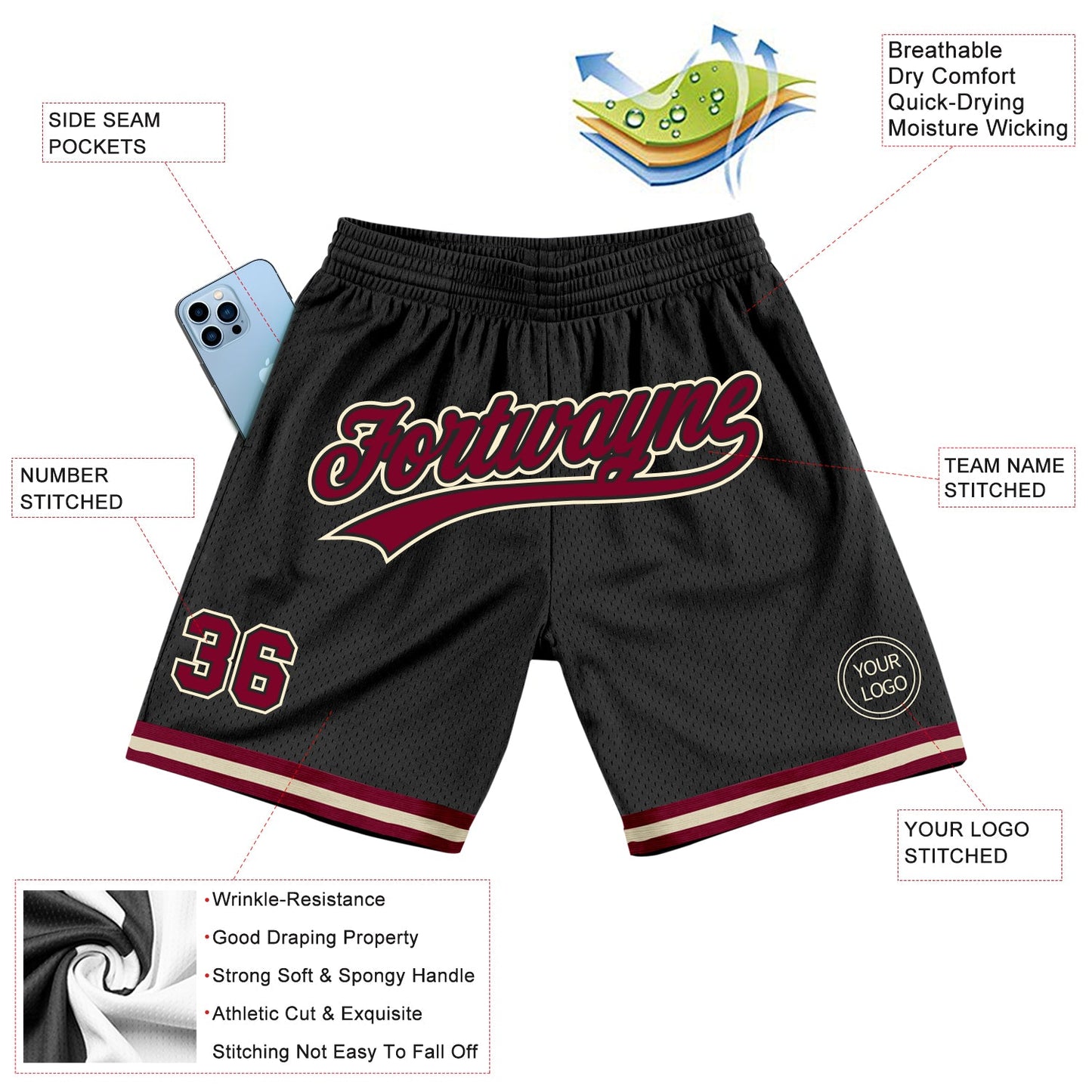 Custom Black Maroon-Cream Authentic Throwback Basketball Shorts view 2