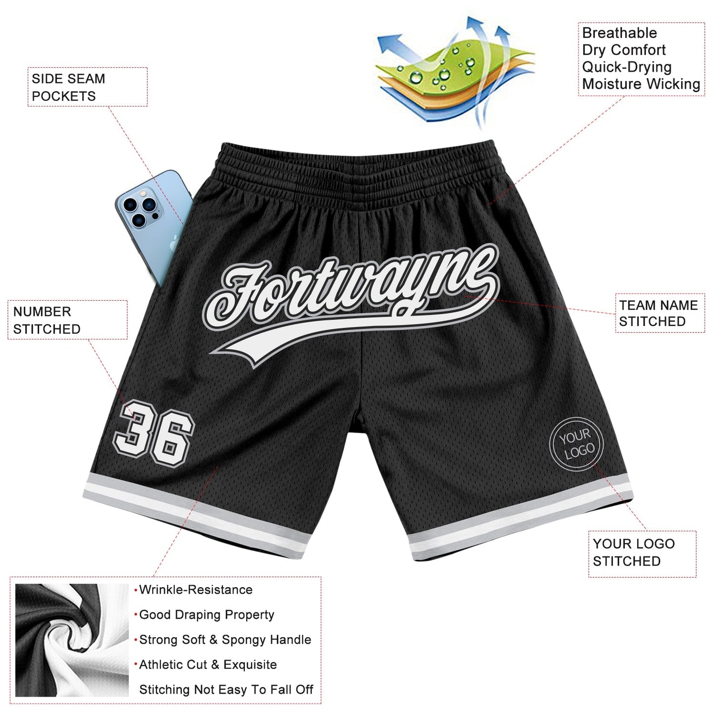 Custom Black White-Gray Authentic Throwback Basketball Shorts view 2