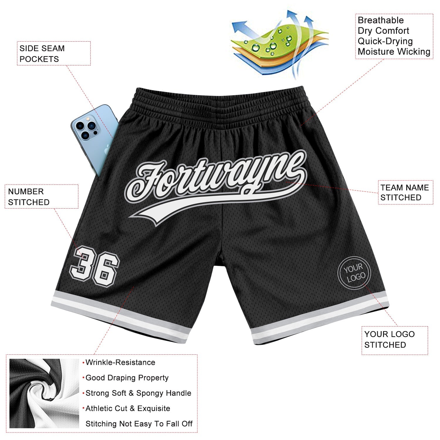Custom Black White-Gray Authentic Throwback Basketball Shorts view 2