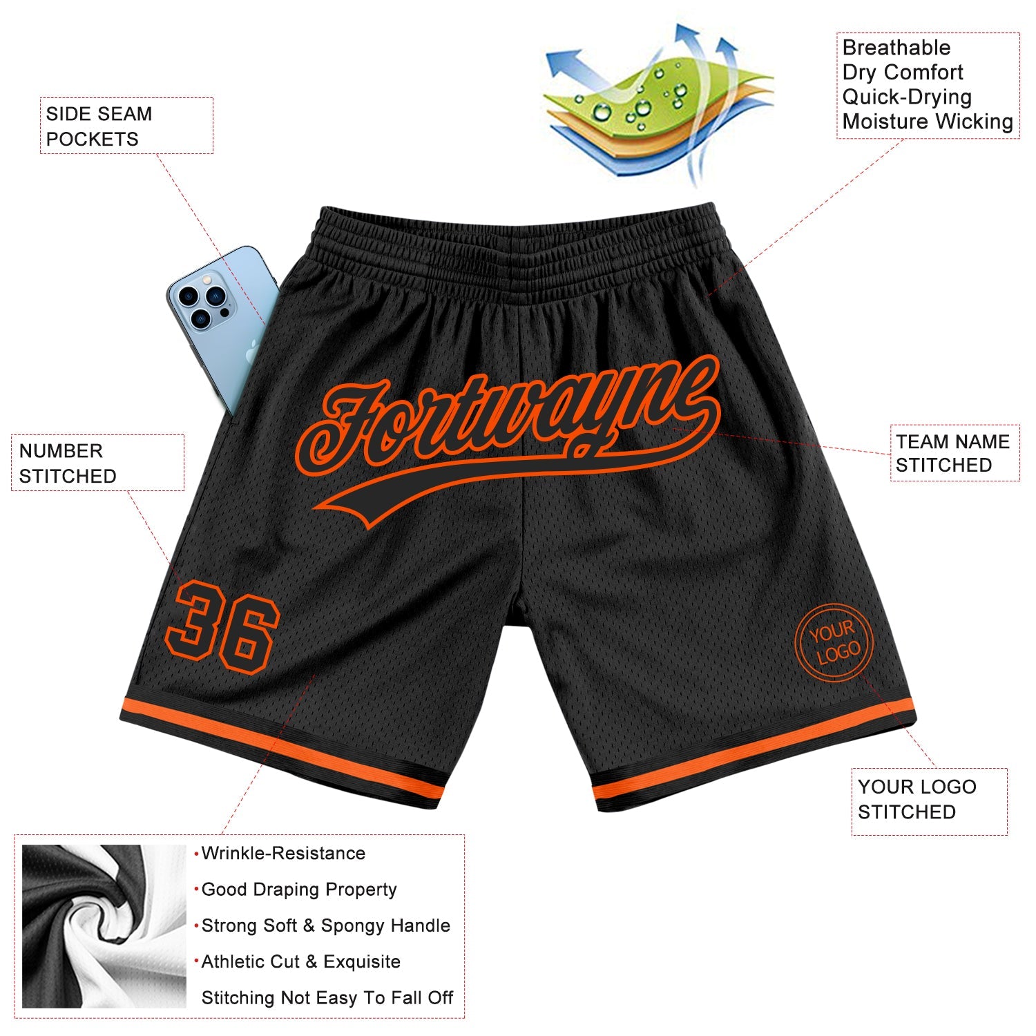 Custom Black Orange Authentic Throwback Basketball Shorts view 2