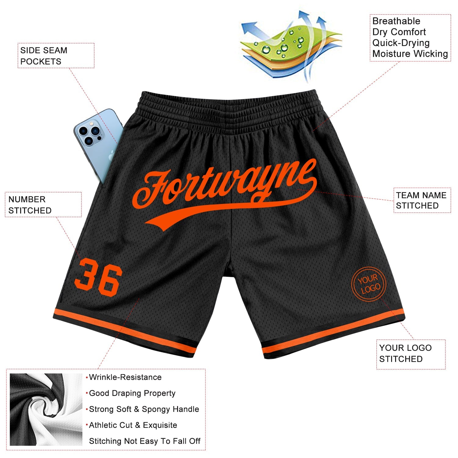 Custom Black Orange Authentic Throwback Basketball Shorts view 2