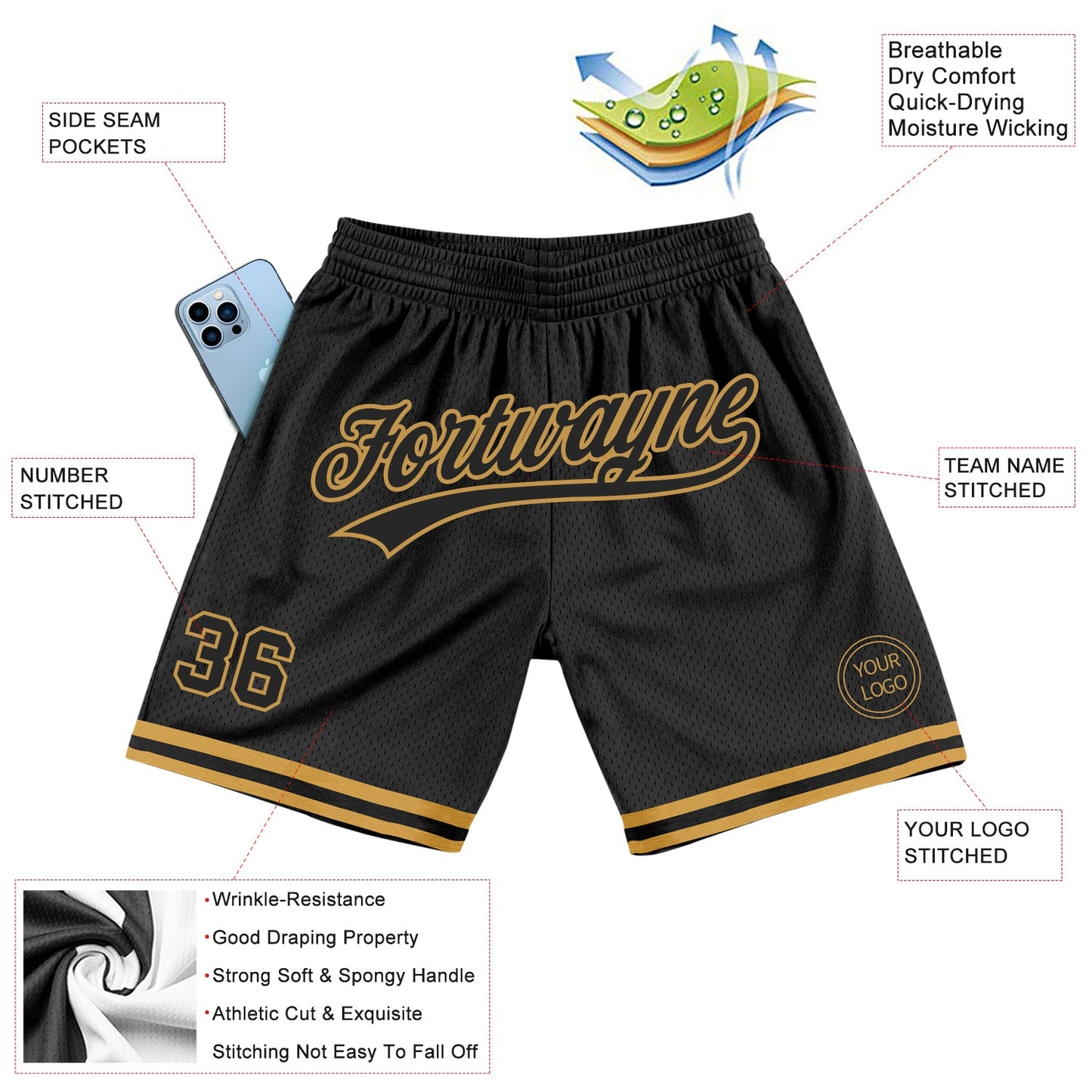 Custom Black Old Gold Authentic Throwback Basketball Shorts view 2