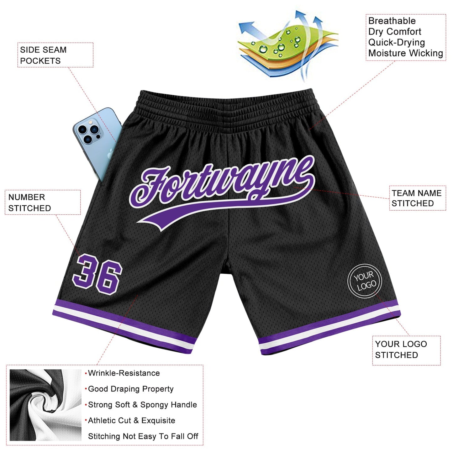 Custom Black Purple-White Authentic Throwback Basketball Shorts view 2