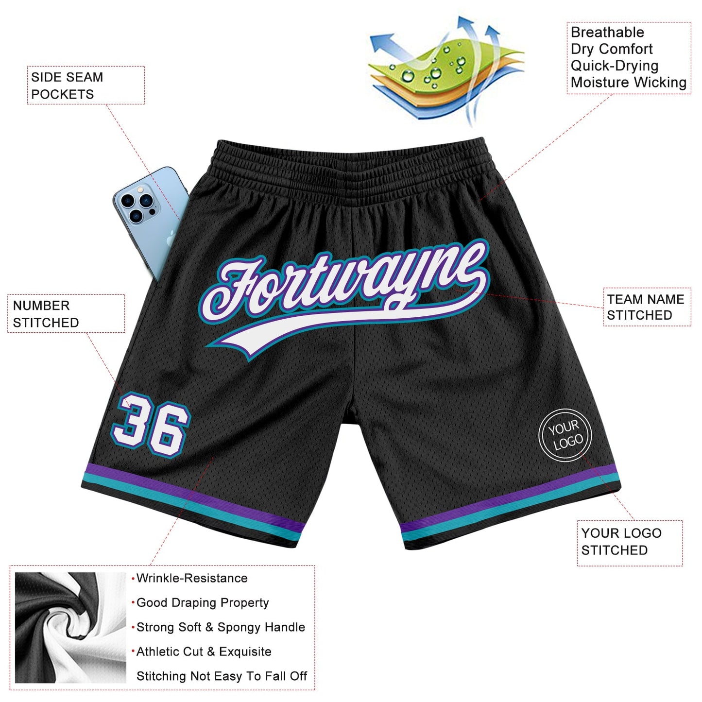 Custom Black White Purple-Teal Authentic Throwback Basketball Shorts view 2