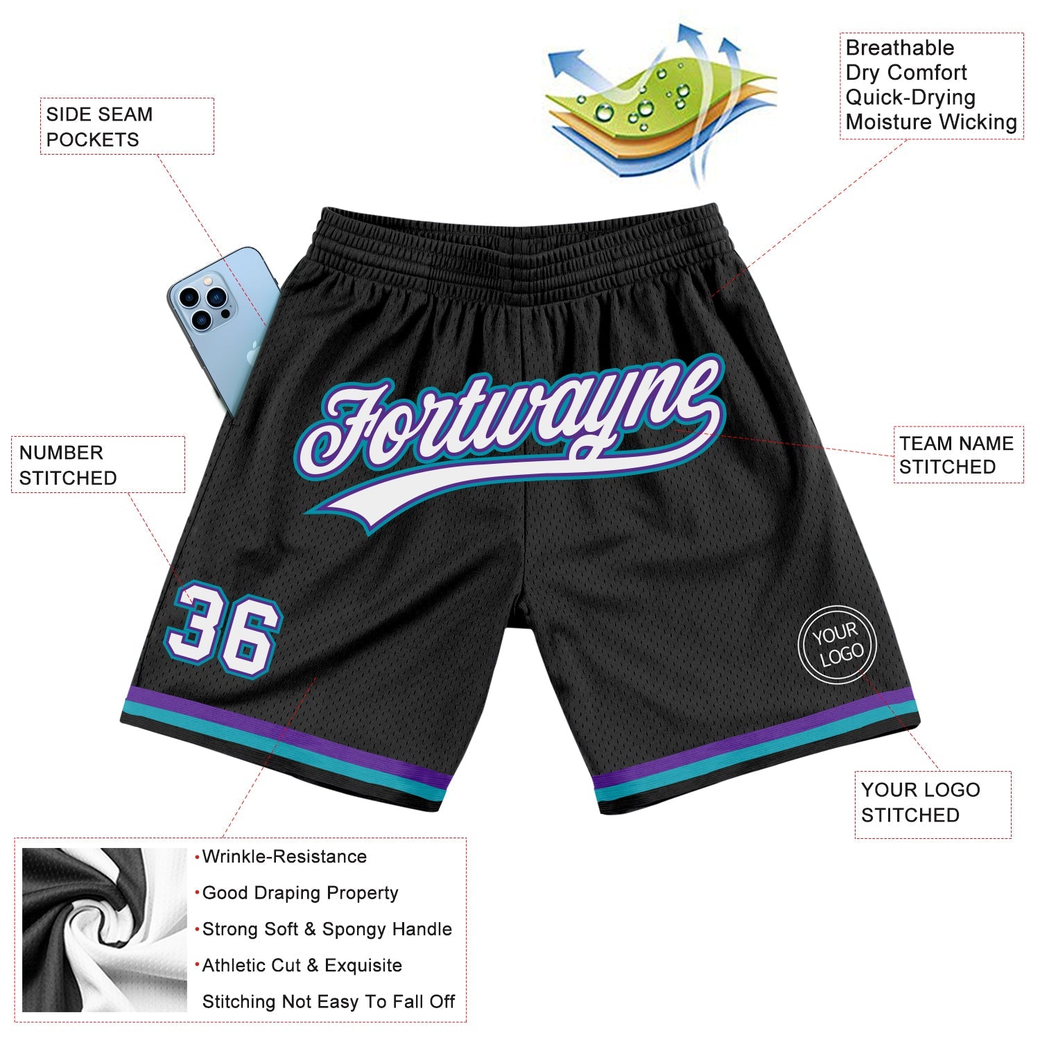 Custom Black White Purple-Teal Authentic Throwback Basketball Shorts view 2