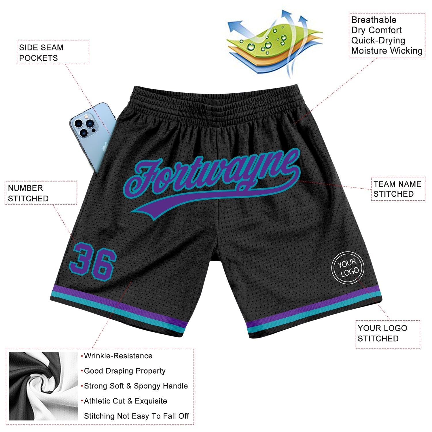 Custom Black Purple-Teal Authentic Throwback Basketball Shorts view 2